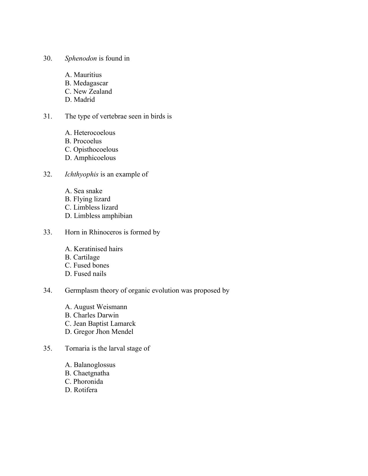 CUSAT CAT 2016 Zoology Question Paper - Page 6