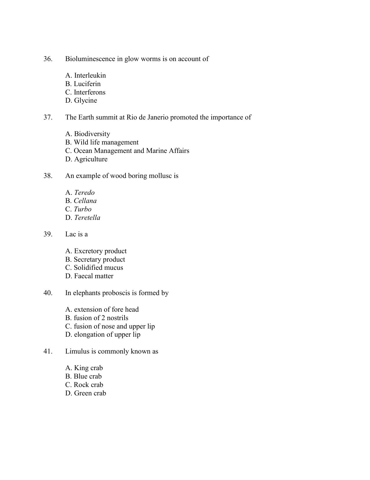 CUSAT CAT 2016 Zoology Question Paper - Page 7