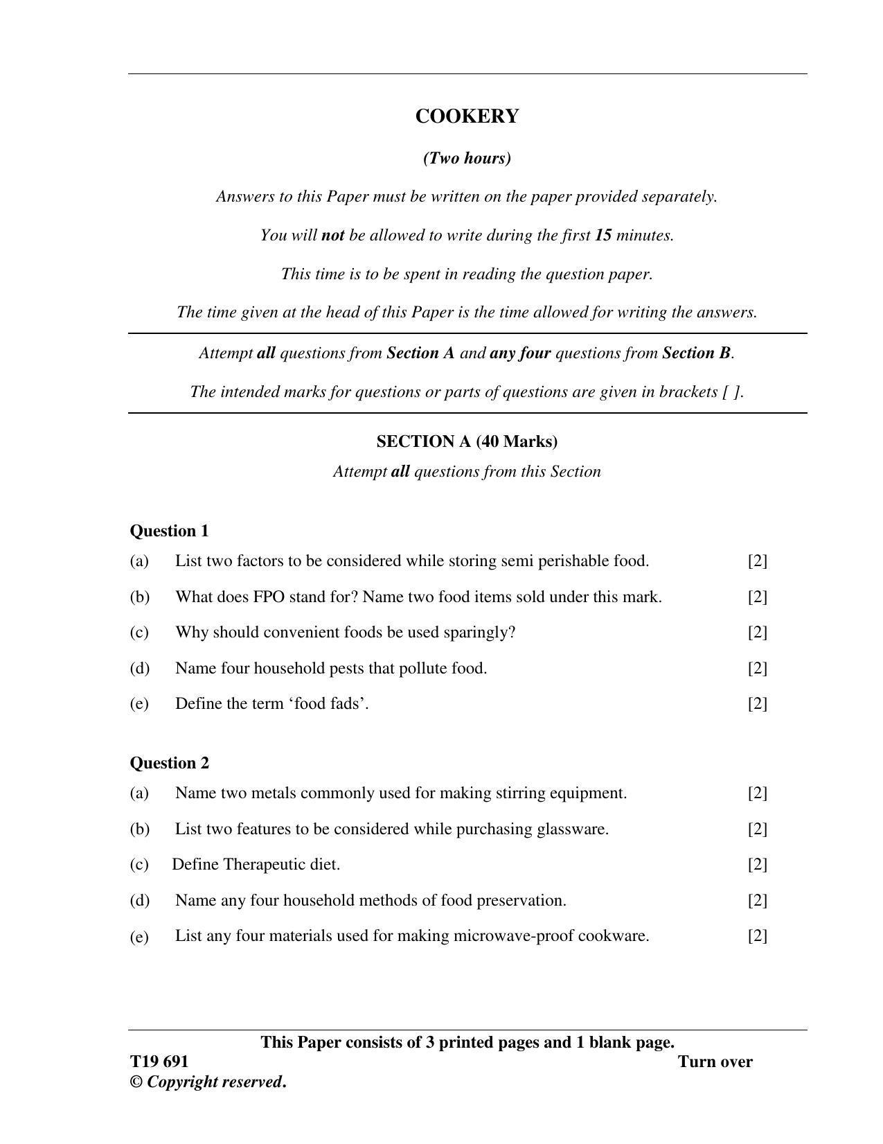 ICSE Class 10 Cookery 2019 Question Paper - Page 1