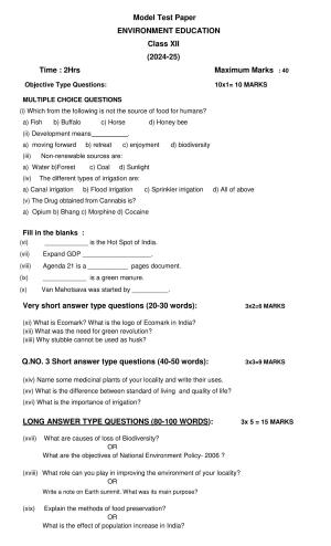 PSEB 12th Environmental Education Model Paper 2025
