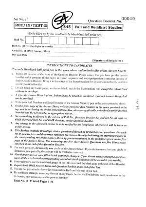 BHU RET PALI AND BUDDHIST STUDIES 2015 Question Paper