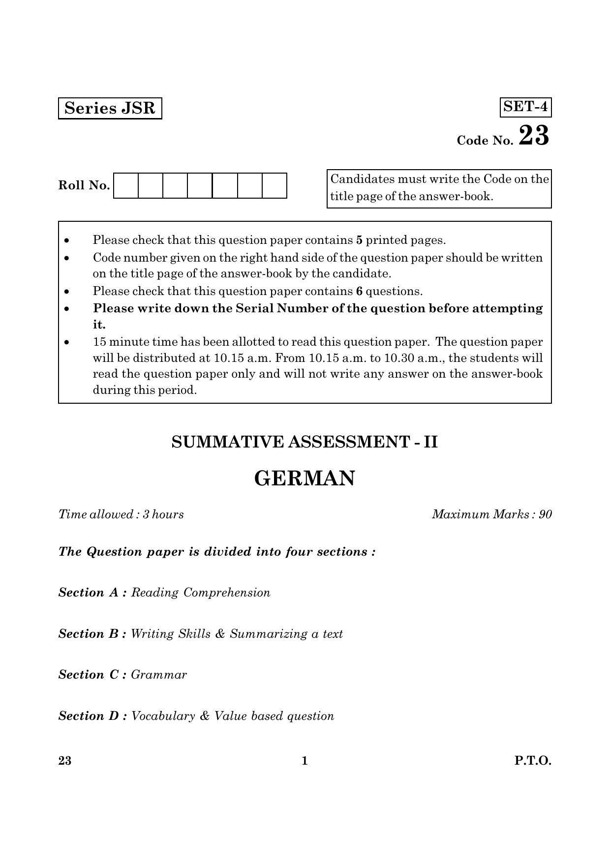 CBSE Class 10 023 GERMAN 2016 Question Paper - Page 1