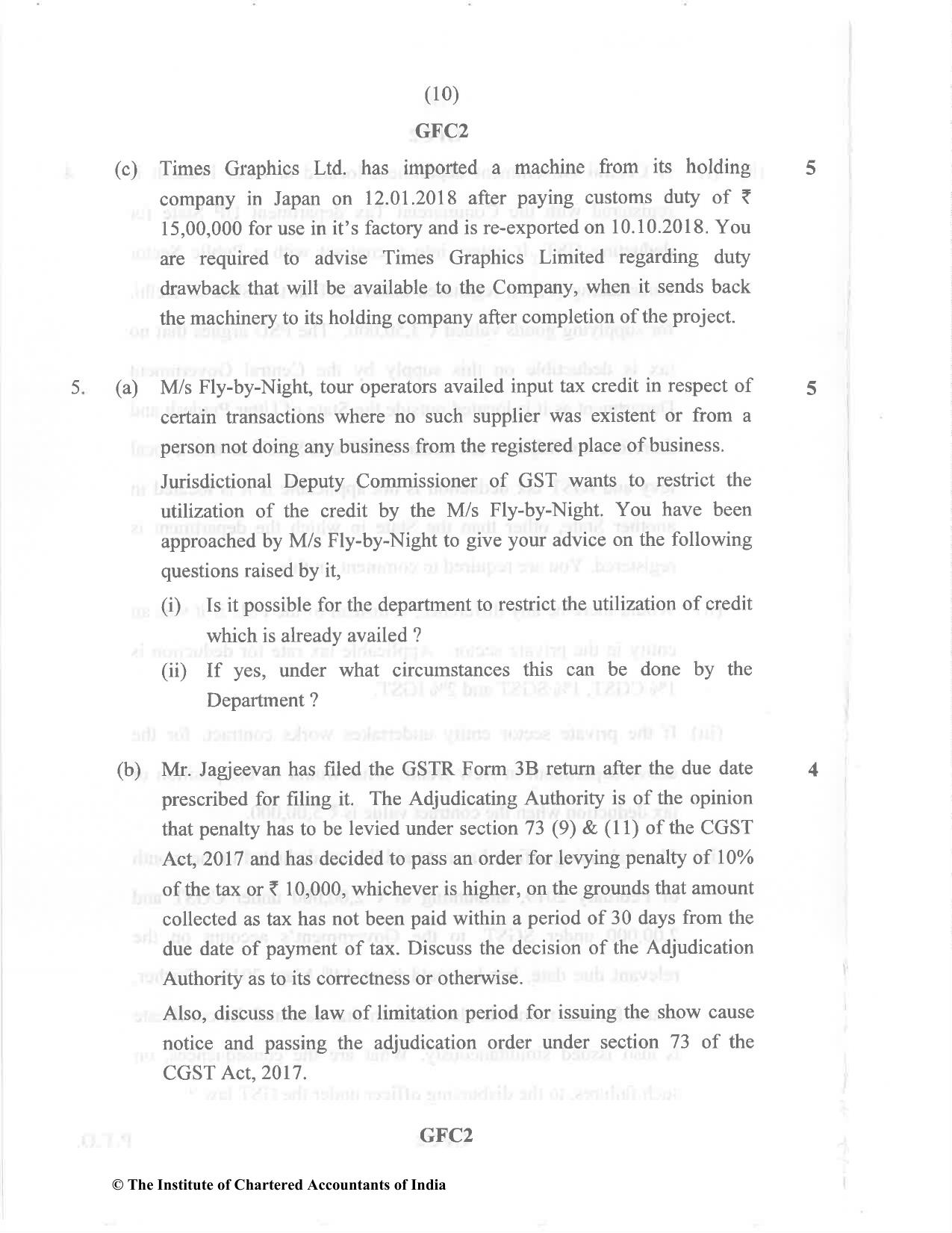 CA Final Nov 2020 Question Paper - Paper 8 – Indirect Tax Laws - Page 10