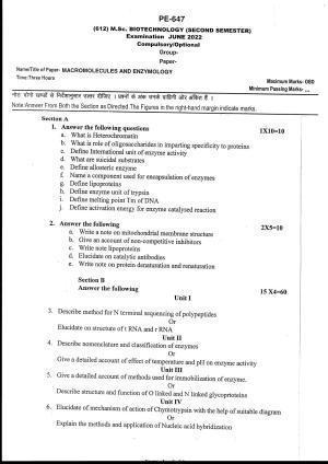 Bilaspur University Question Paper June 2022:M.Sc. Biotechnology (Second Semester) Macromolecules And Enzymology Paper 1