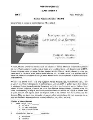 CBSE Class 10 French Sample Paper 2021-22