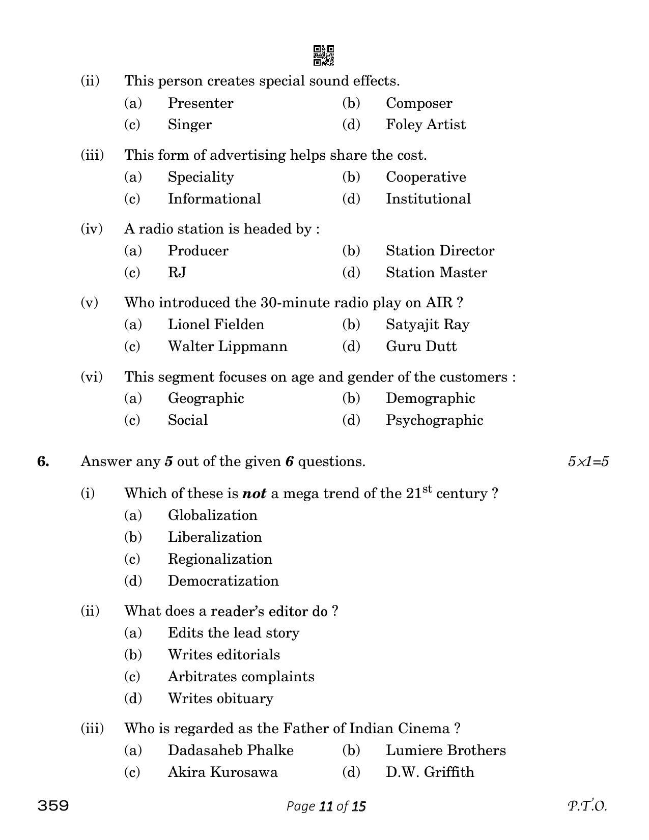 CBSE Class 12 Mass Media Studies (Compartment) 2023 Question Paper - Page 11