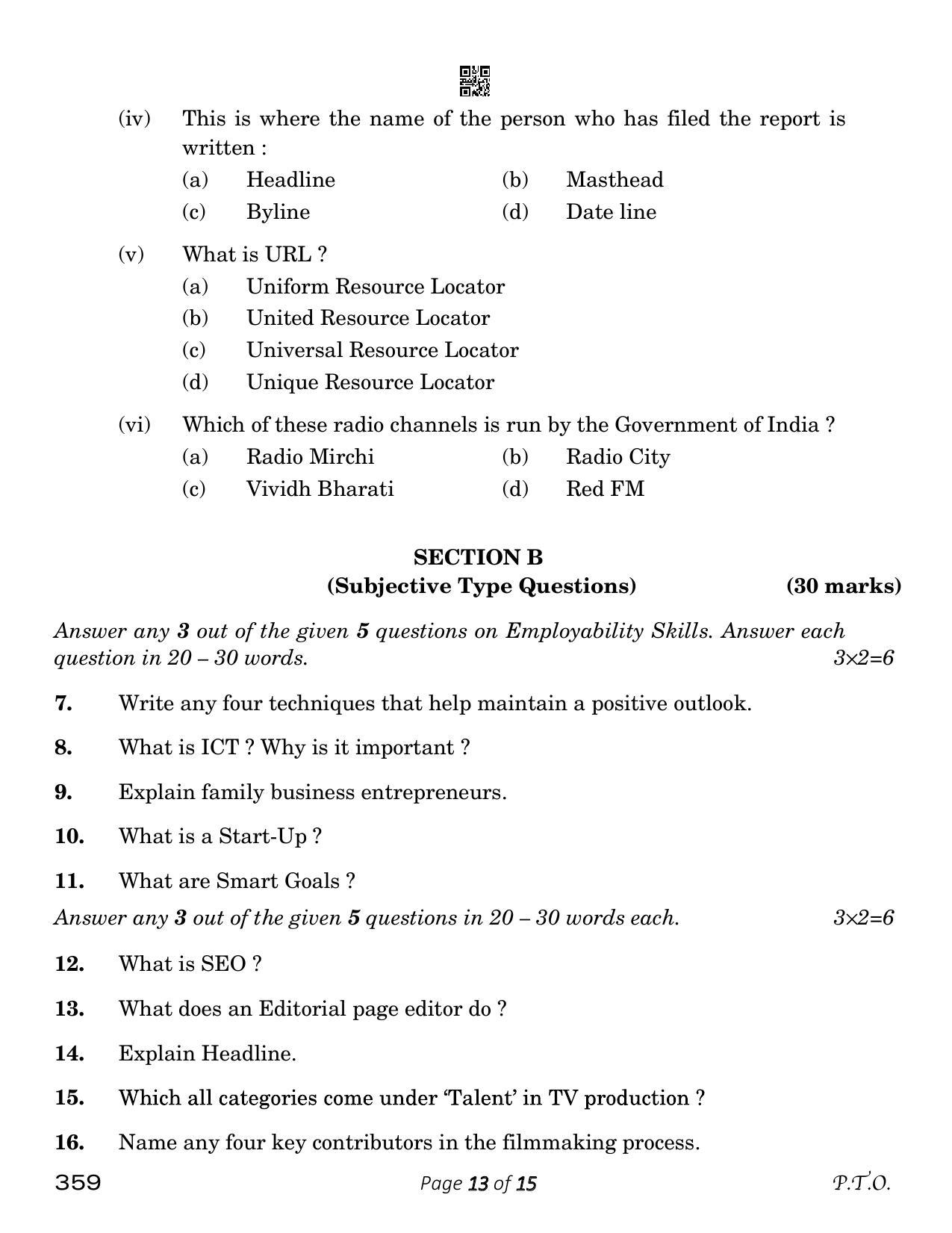 CBSE Class 12 Mass Media Studies (Compartment) 2023 Question Paper - Page 13