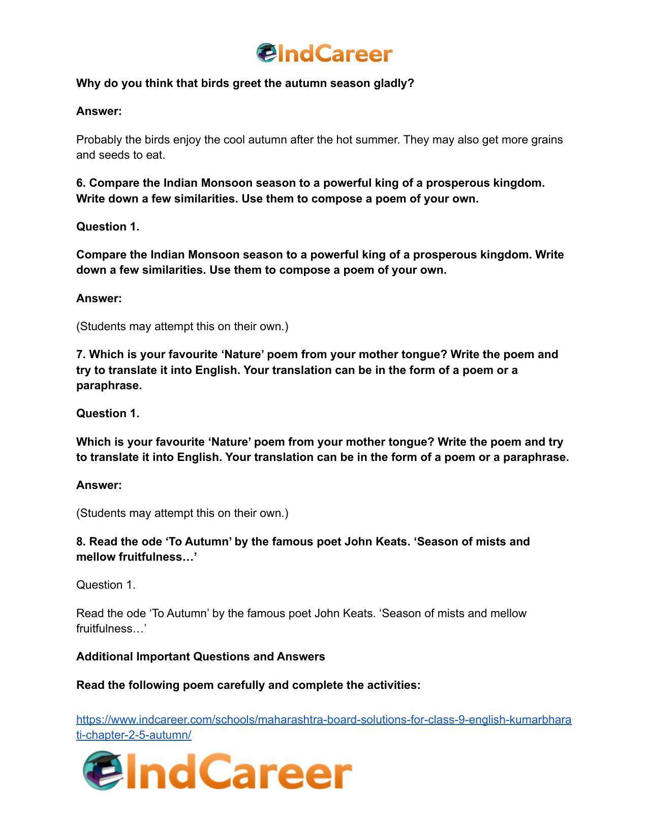 Maharashtra Board Solutions for Class 9- English Kumarbharati: Chapter 2.5- Autumn - Page 9