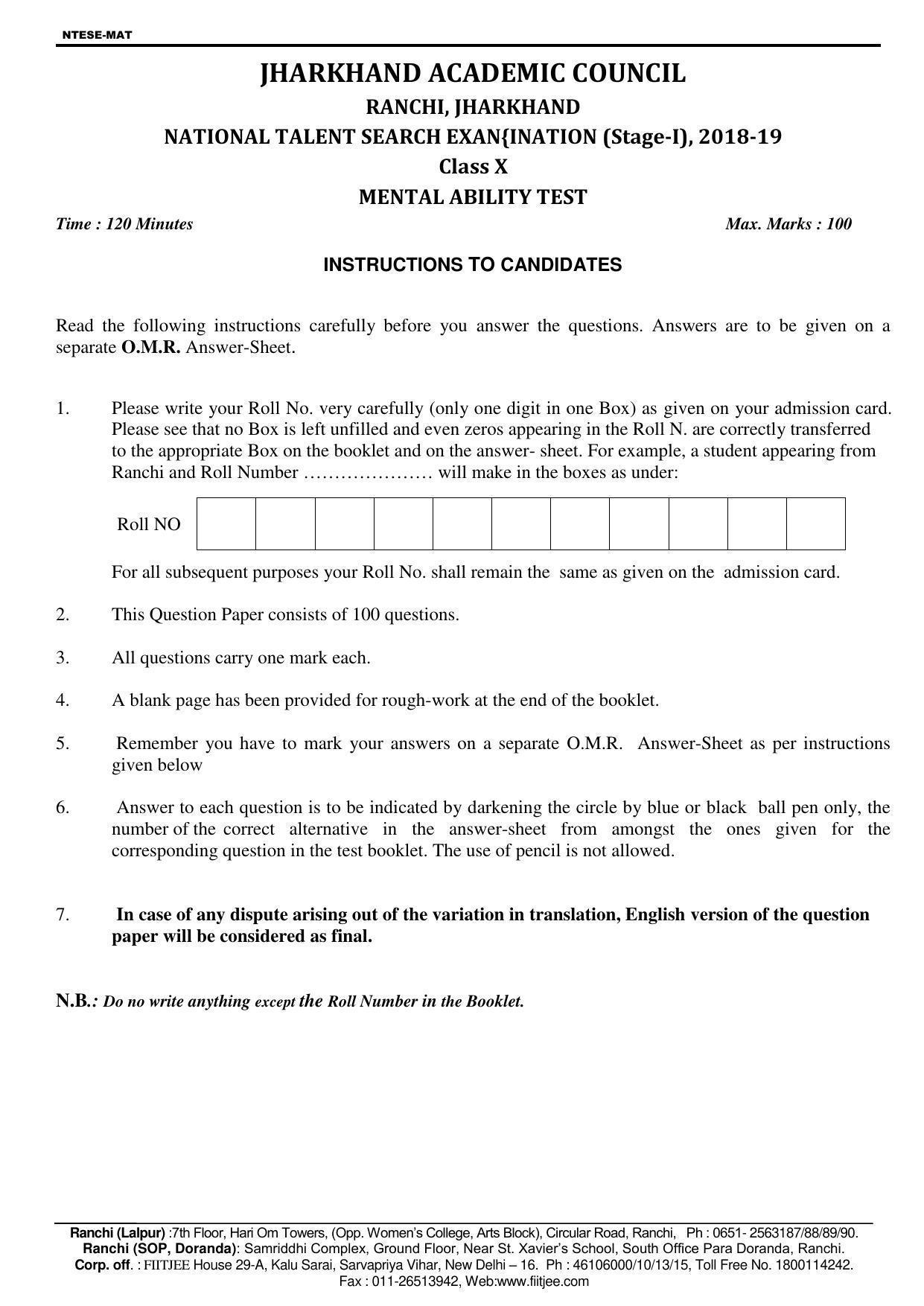 Jharkhand (JAC) NTSE 2018-19 MAT Answer Key - Page 1