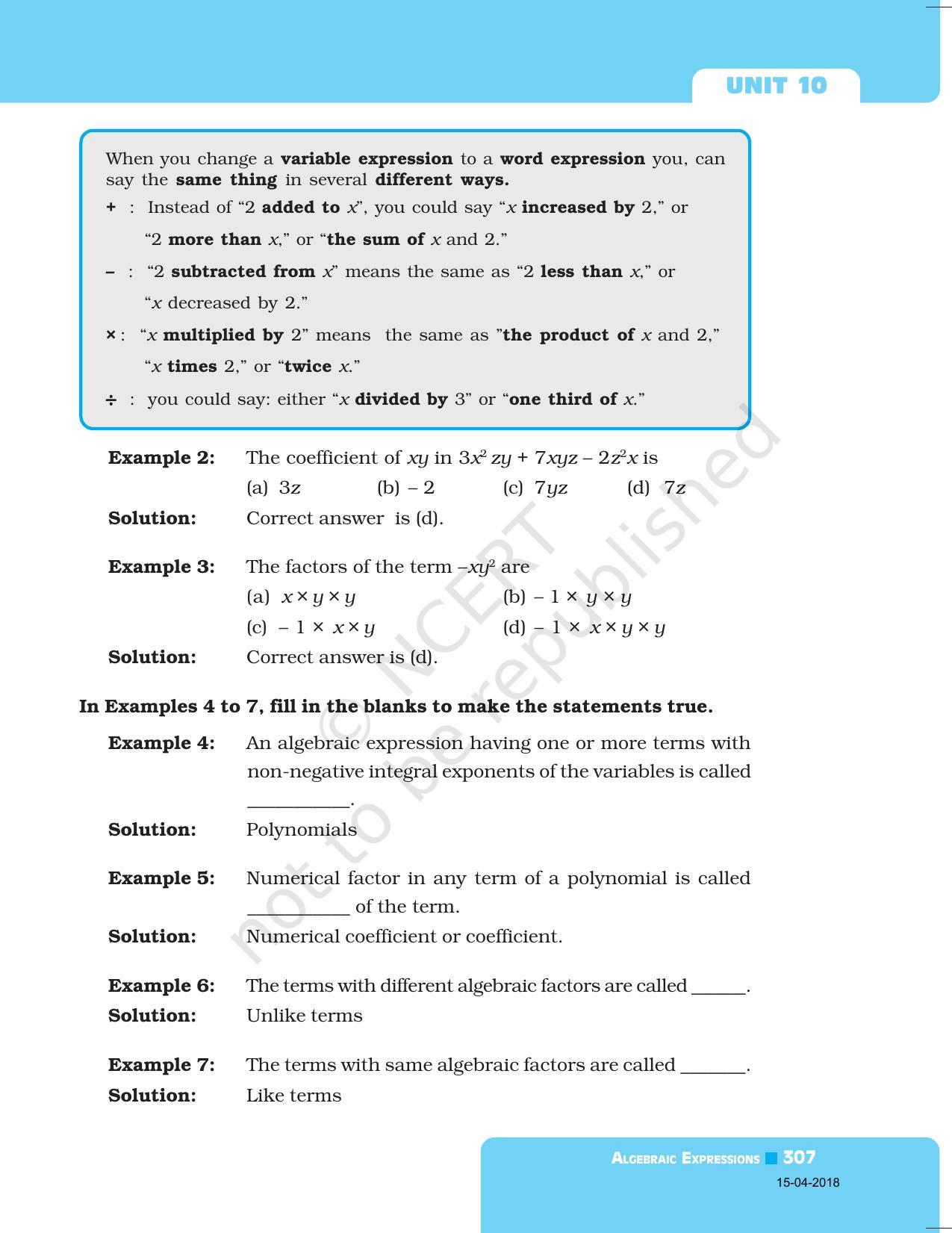 NCERT Exemplar Book for Class 7 Maths: Chapter 10- Algebraic Expression - Page 3