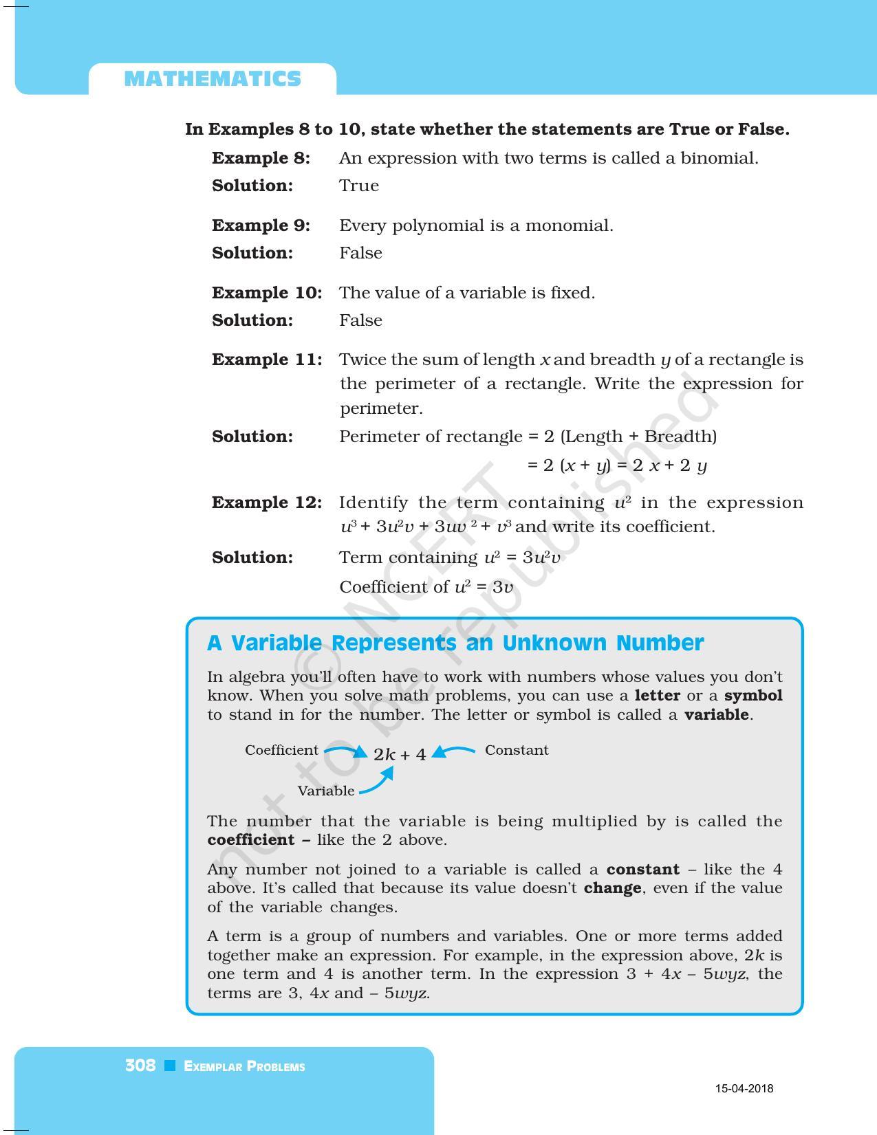 NCERT Exemplar Book for Class 7 Maths: Chapter 10- Algebraic Expression - Page 4