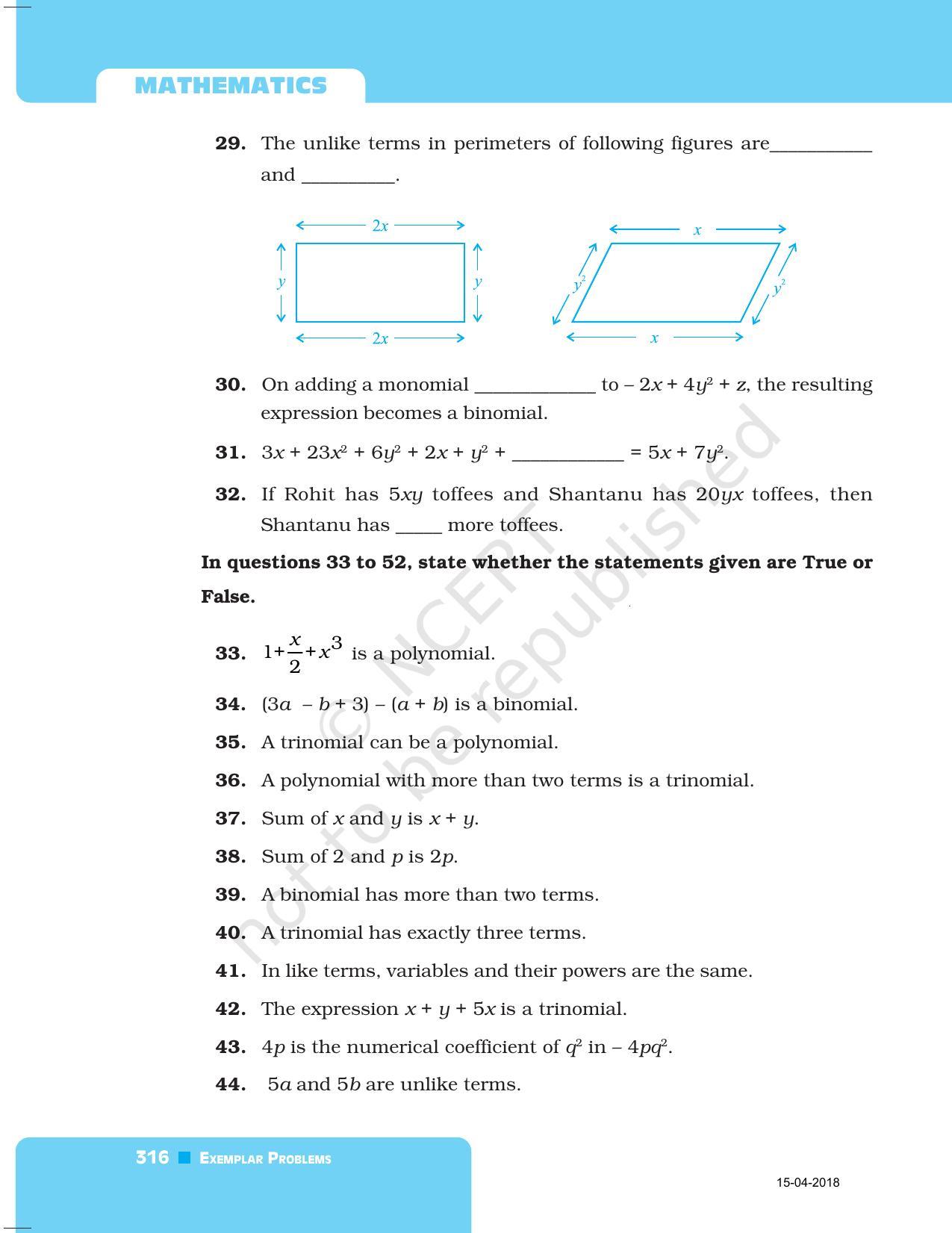 NCERT Exemplar Book for Class 7 Maths: Chapter 10- Algebraic Expression - Page 12