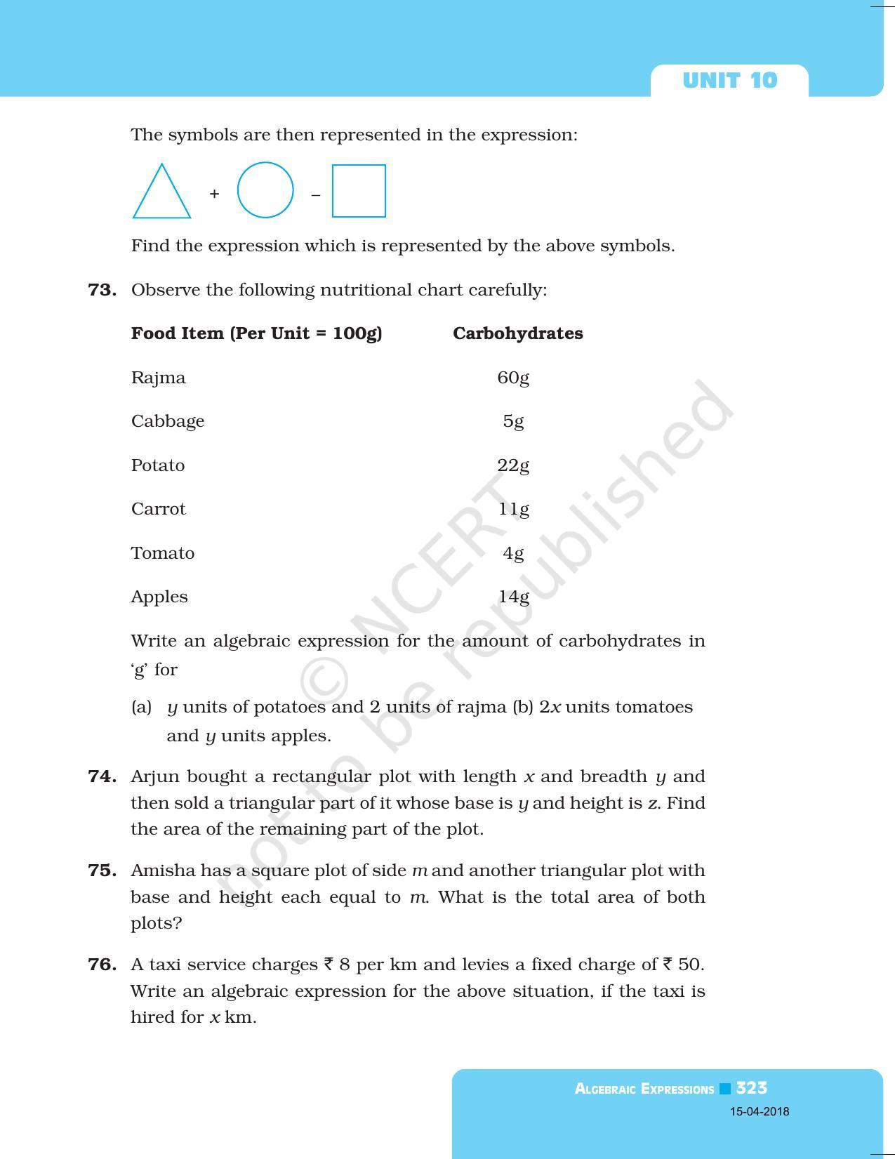 NCERT Exemplar Book for Class 7 Maths: Chapter 10- Algebraic Expression - Page 19