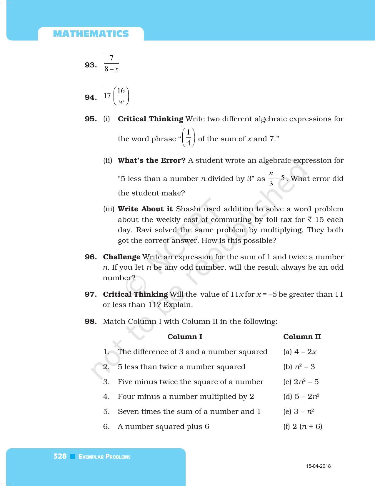 NCERT Exemplar Book for Class 7 Maths: Chapter 10- Algebraic Expression - Page 24