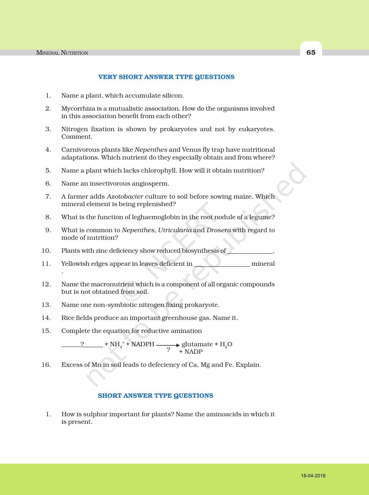NCERT Exemplar Book for Class 11 Biology: Chapter 12 Mineral Nutrition - Page 3