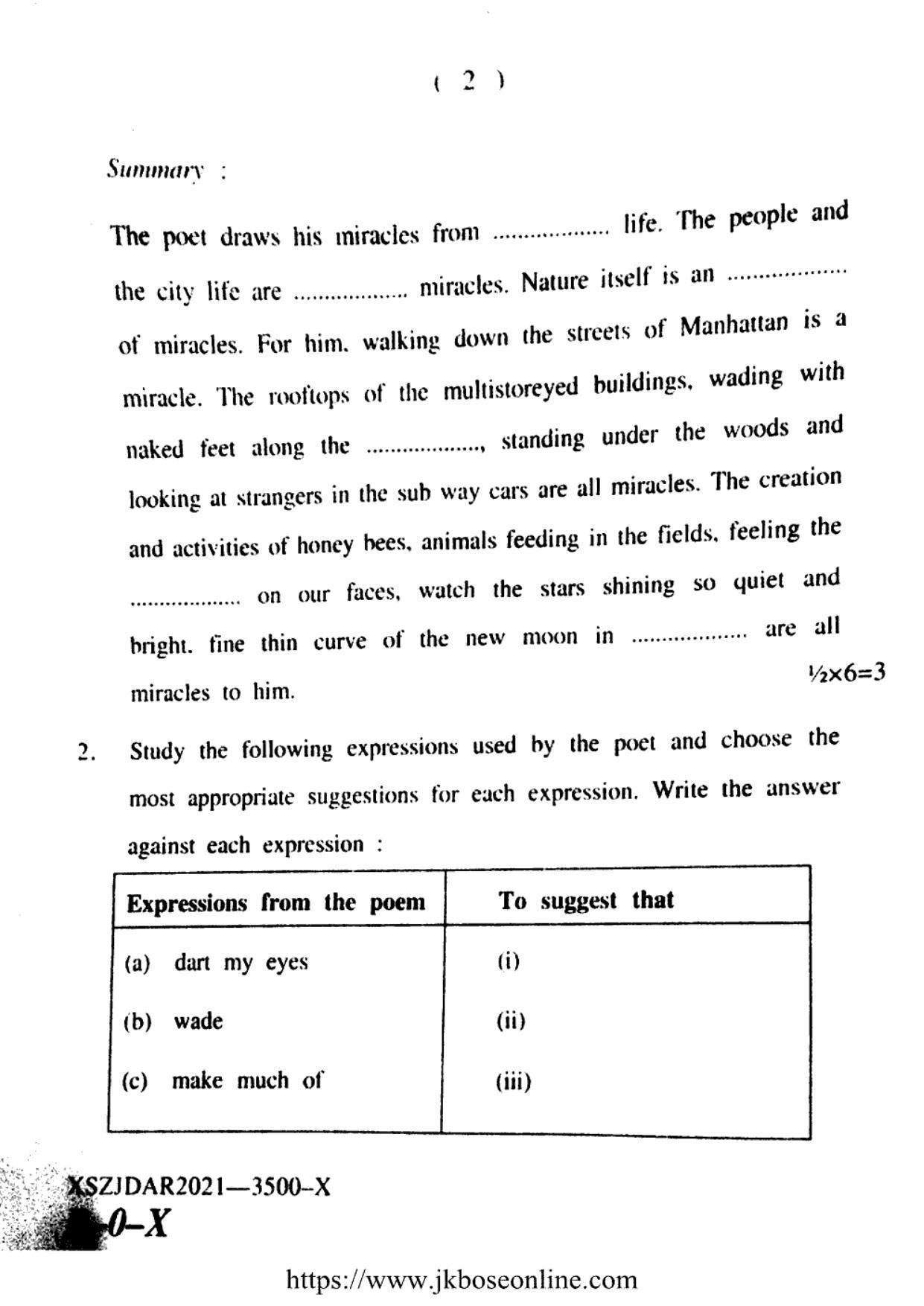 JKBOSE CLASS 10 English (3500-X) 2021 - Page 2