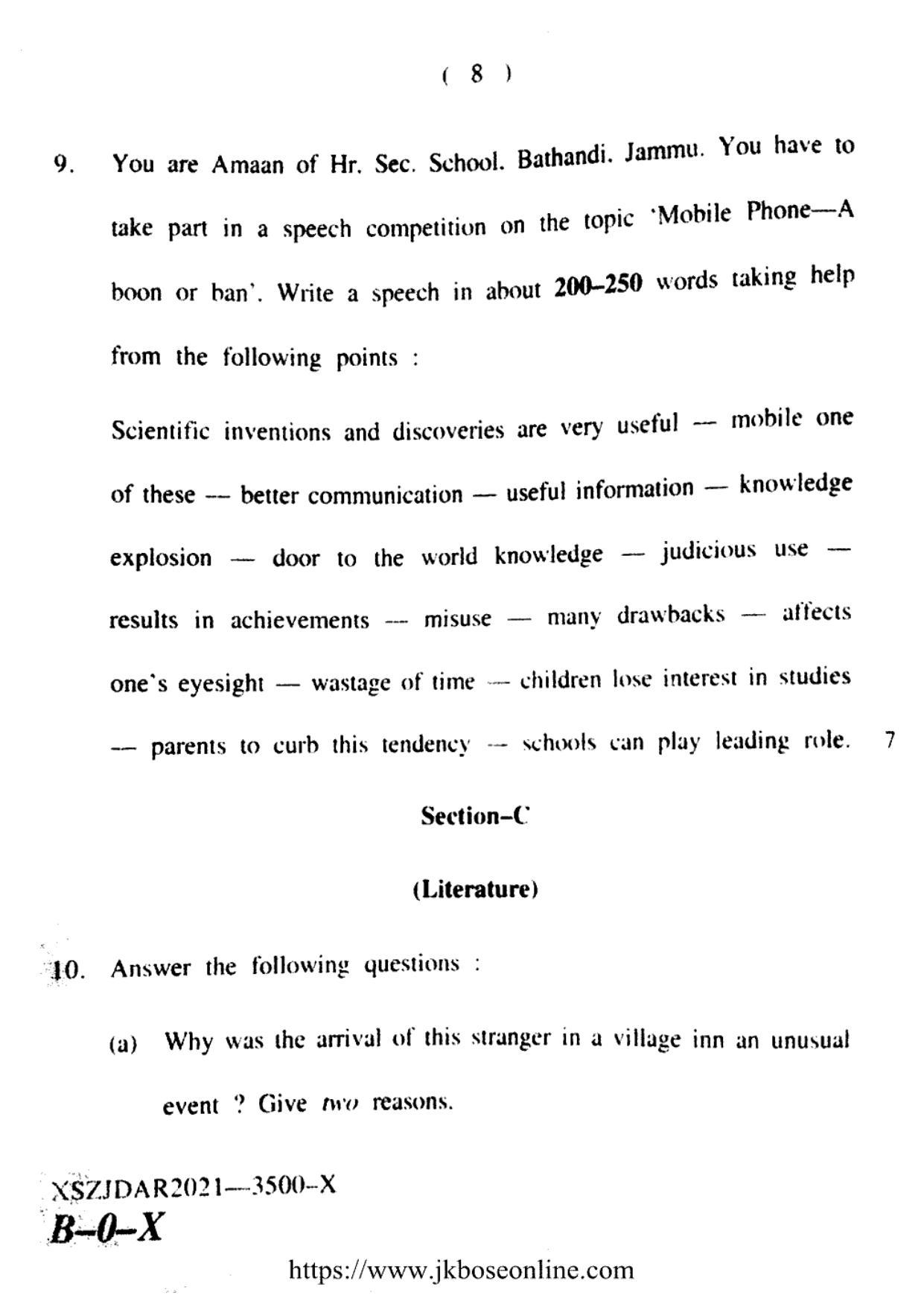JKBOSE CLASS 10 English (3500-X) 2021 - Page 8