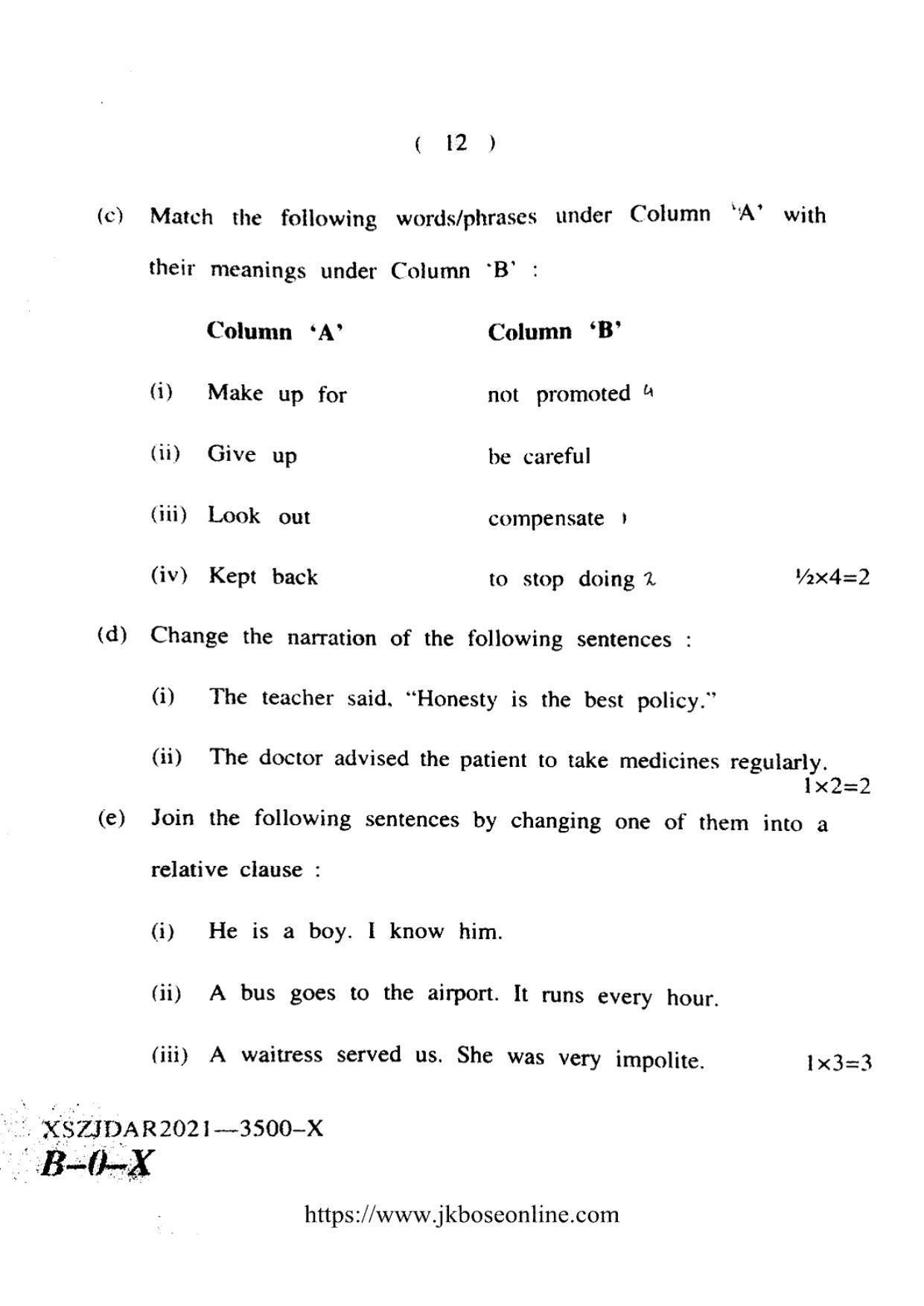 JKBOSE CLASS 10 English (3500-X) 2021 - Page 12