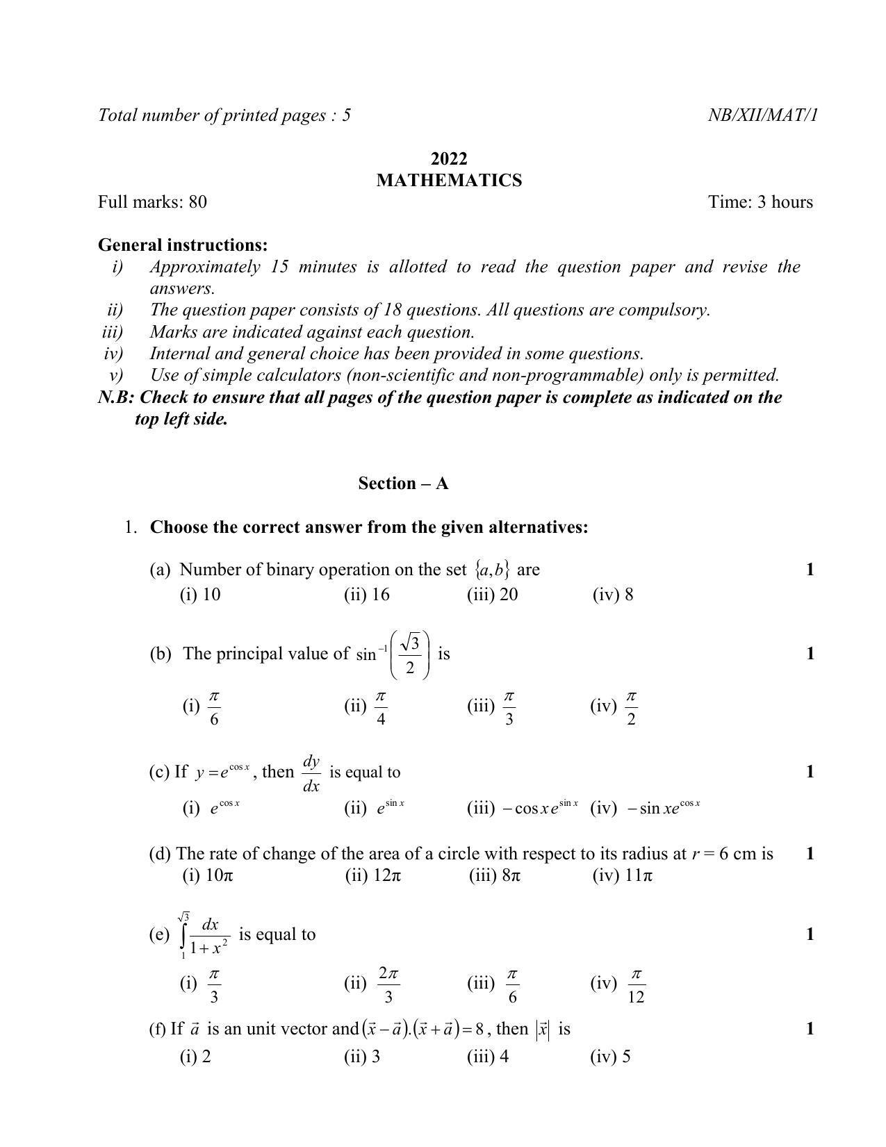 Nagaland Board Class 12 Mathematics 2022 Question Paper - Page 1