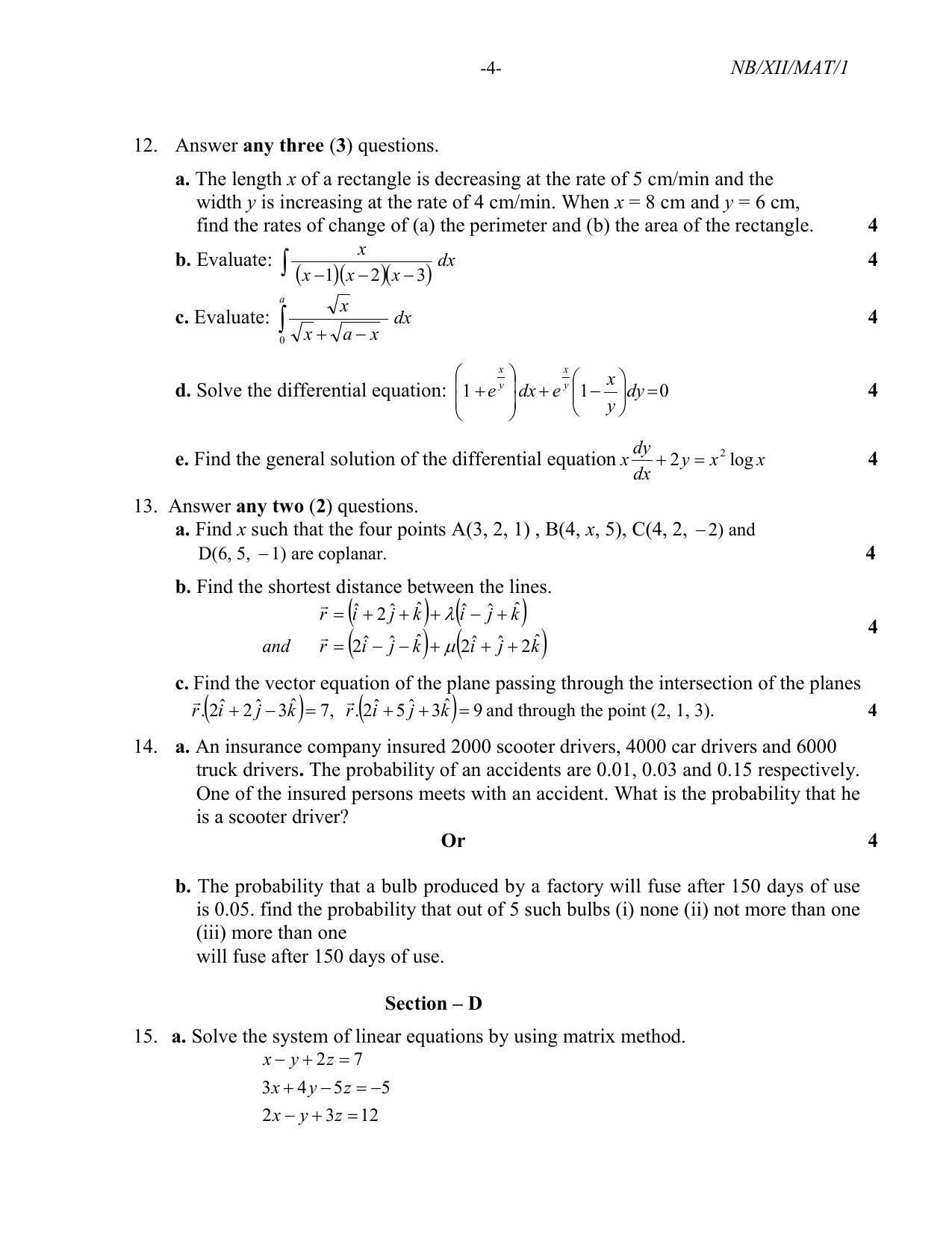 Nagaland Board Class 12 Mathematics 2022 Question Paper - Page 4