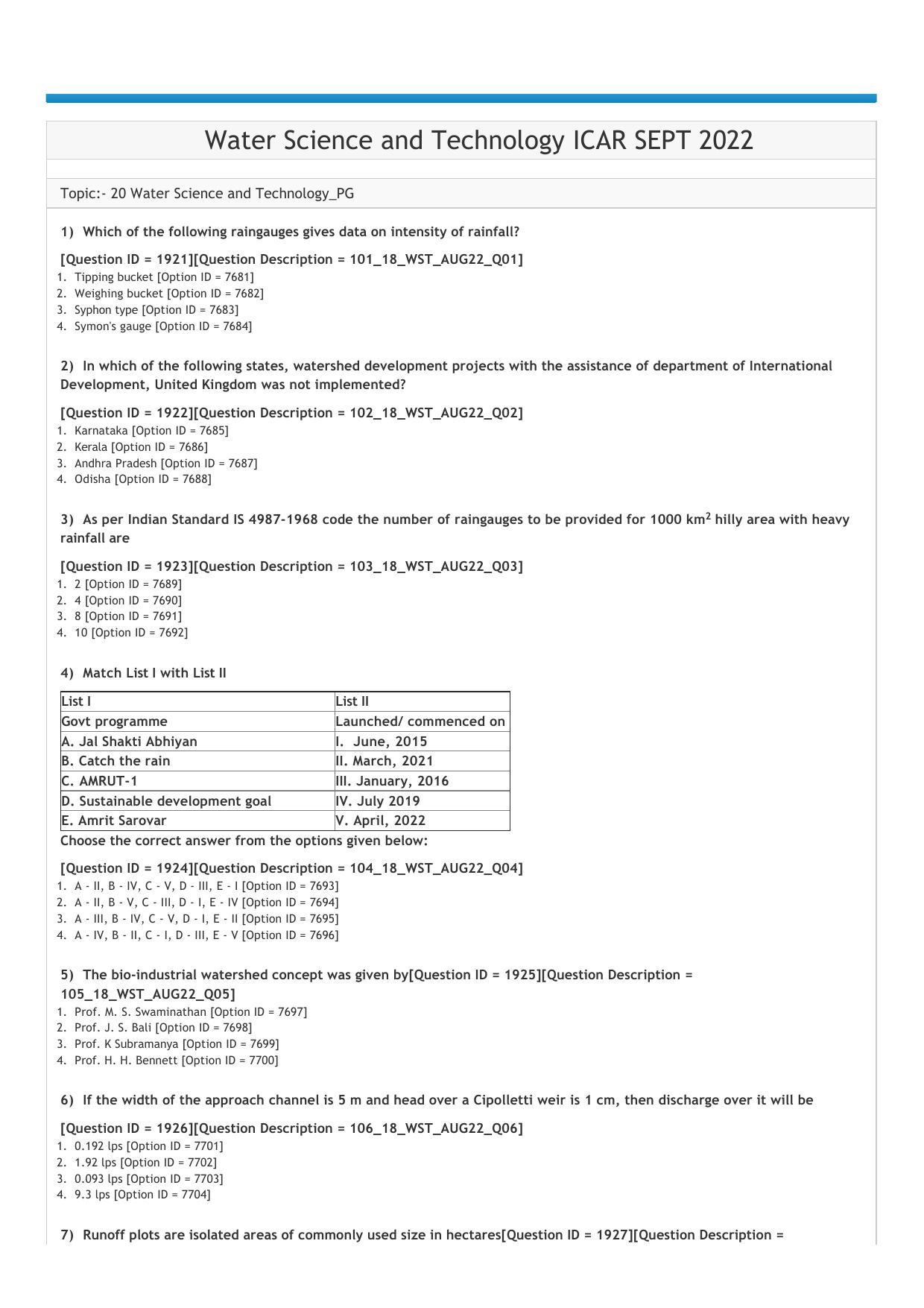 ICAR AIEEA PG 2022 Water Science and Technology Question Paper - Page 1
