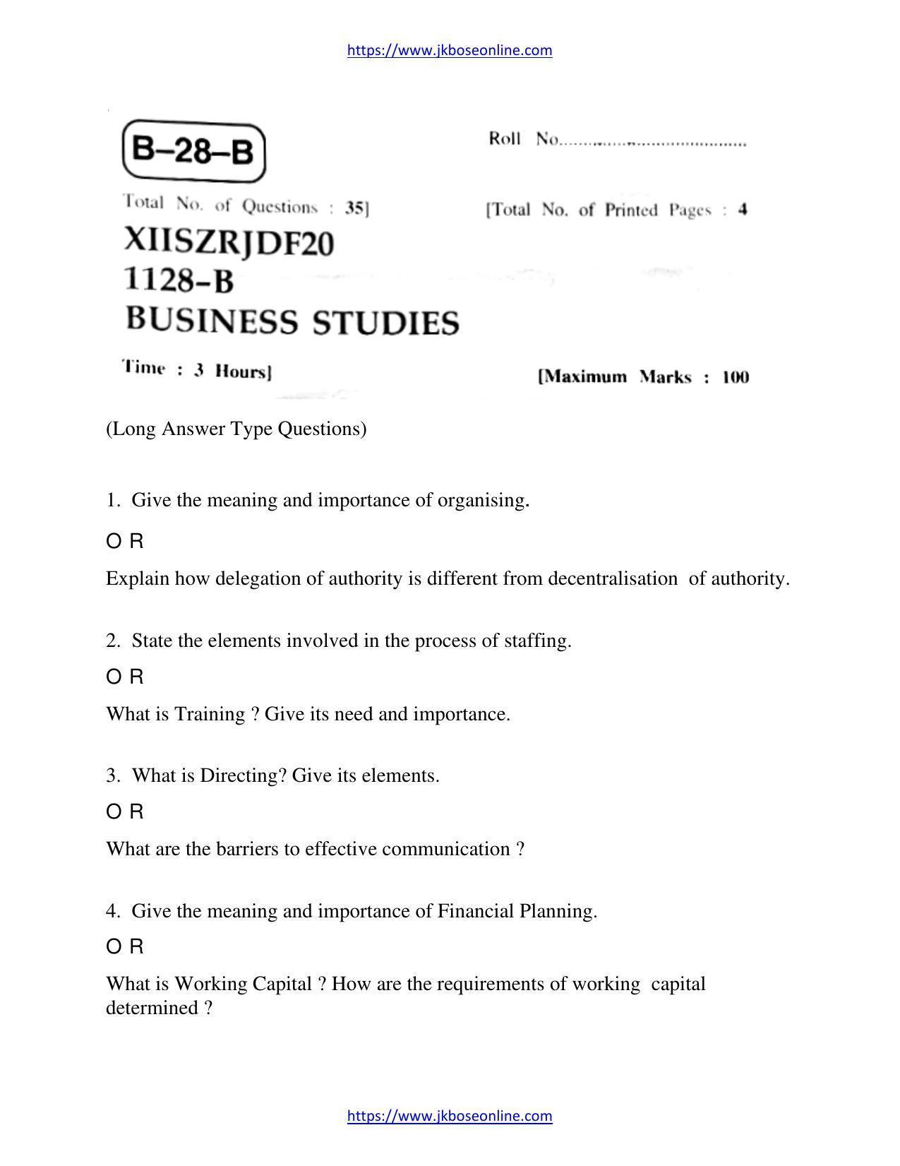 JKBOSE Class 12 Business-Studies 1128-B Question Papers 2020 - Page 1