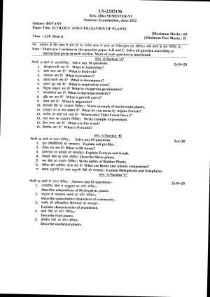 Bilaspur University Question Paper July 2022:B.Sc. (BIO) Semester-VI KG Raigarh Botany Paper 1