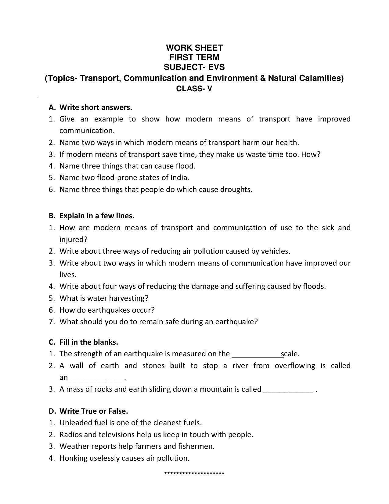 Worksheet for Class 5 Environmental Studies Communication Assignment - Page 1