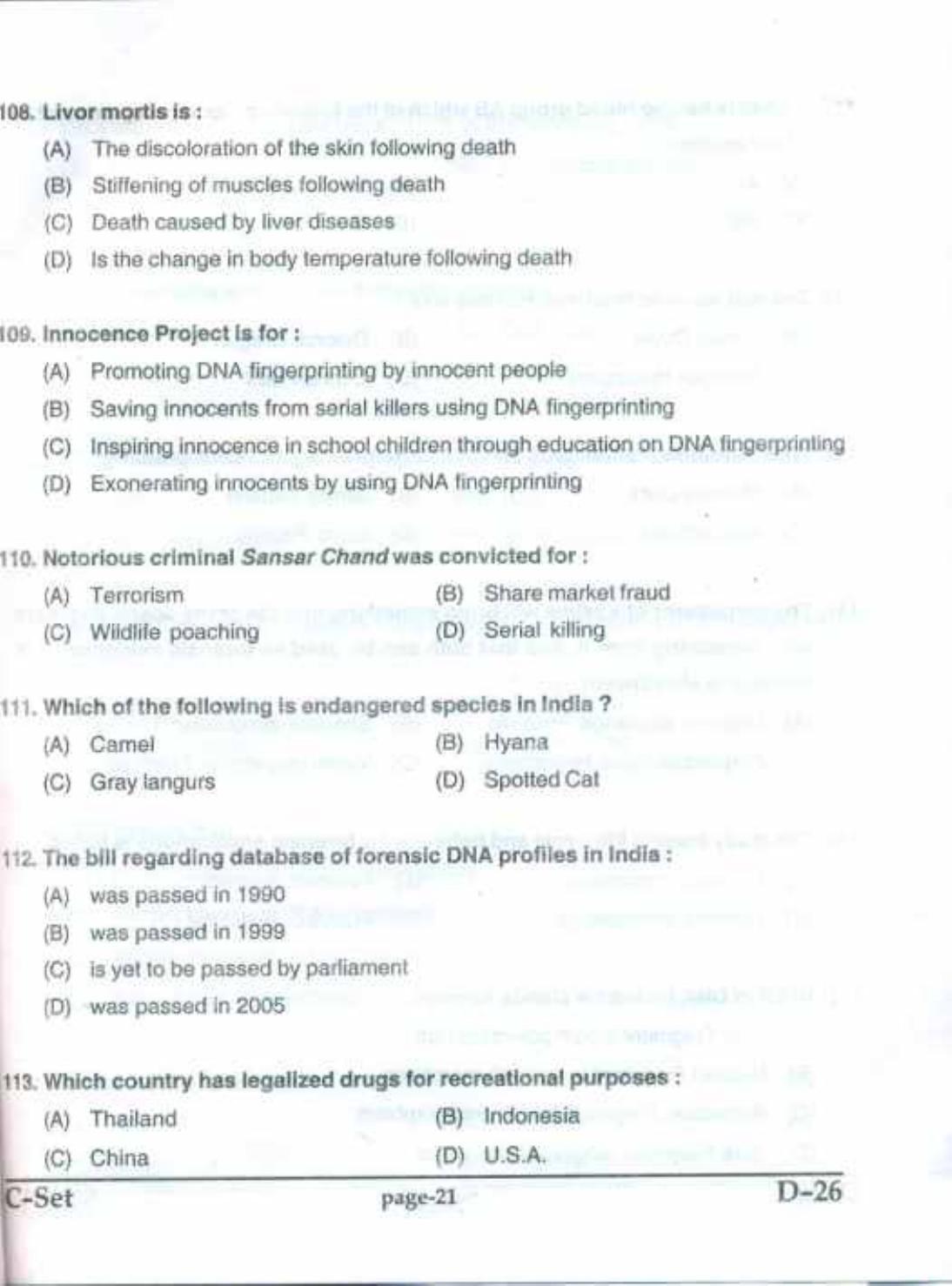 PU CET(PG) 2017: M.Sc. Forensic Science & Criminology SET C Question Paper - Page 21