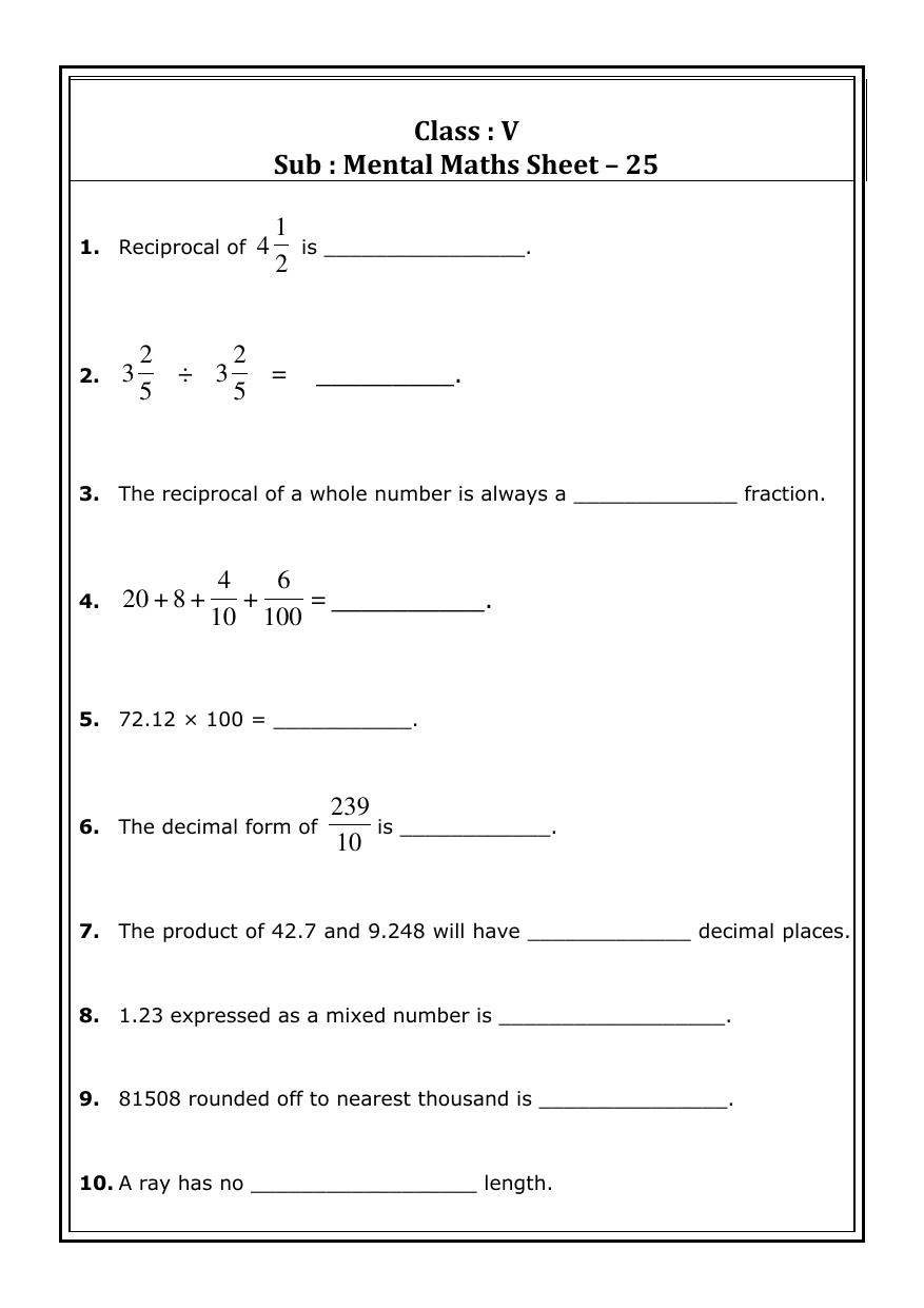 Worksheet for Class 5 Maths Mental Maths Assignment 6 - Page 1