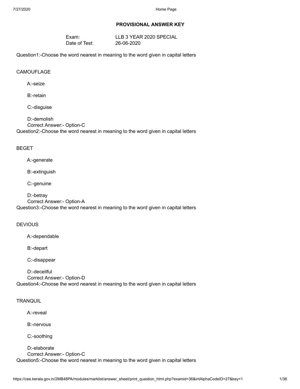 Kerala 2020 LLB 3-Year Question Paper with Answer Key - Page 1
