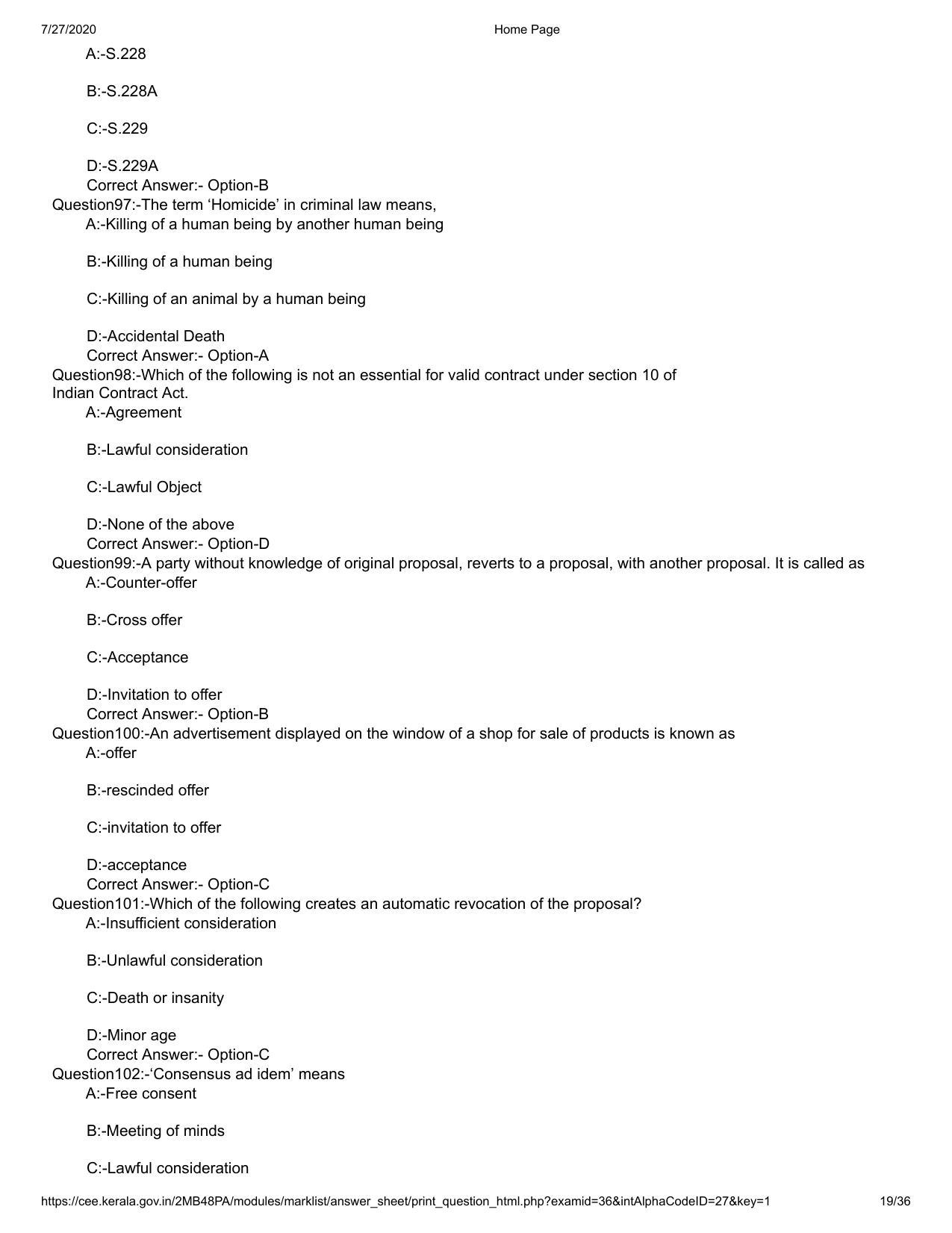 Kerala 2020 LLB 3-Year Question Paper with Answer Key - Page 19