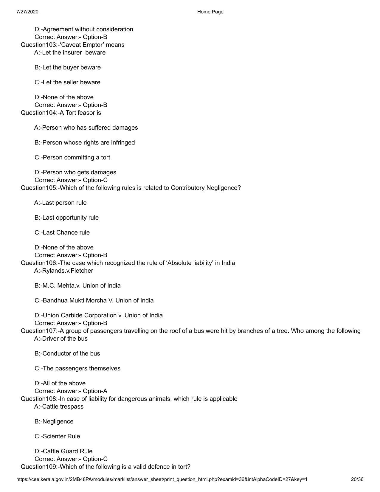 Kerala 2020 LLB 3-Year Question Paper with Answer Key - Page 20
