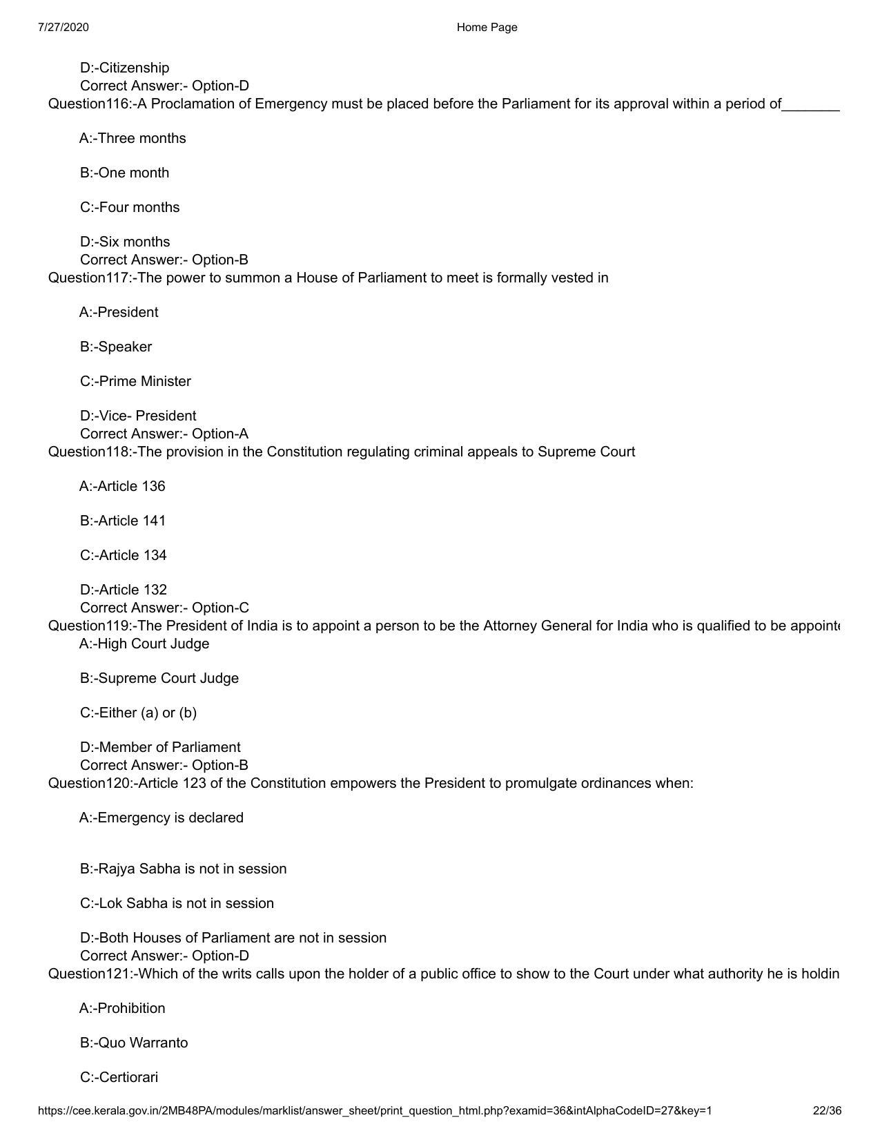 Kerala 2020 LLB 3-Year Question Paper with Answer Key - Page 22