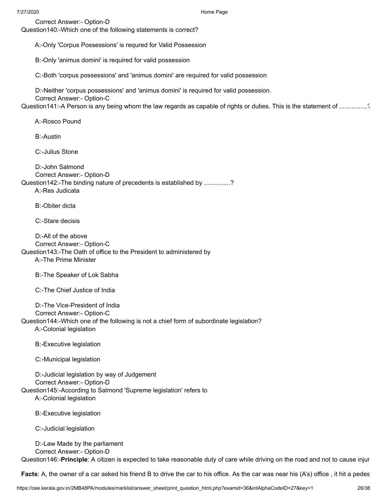 Kerala 2020 LLB 3-Year Question Paper with Answer Key - Page 26