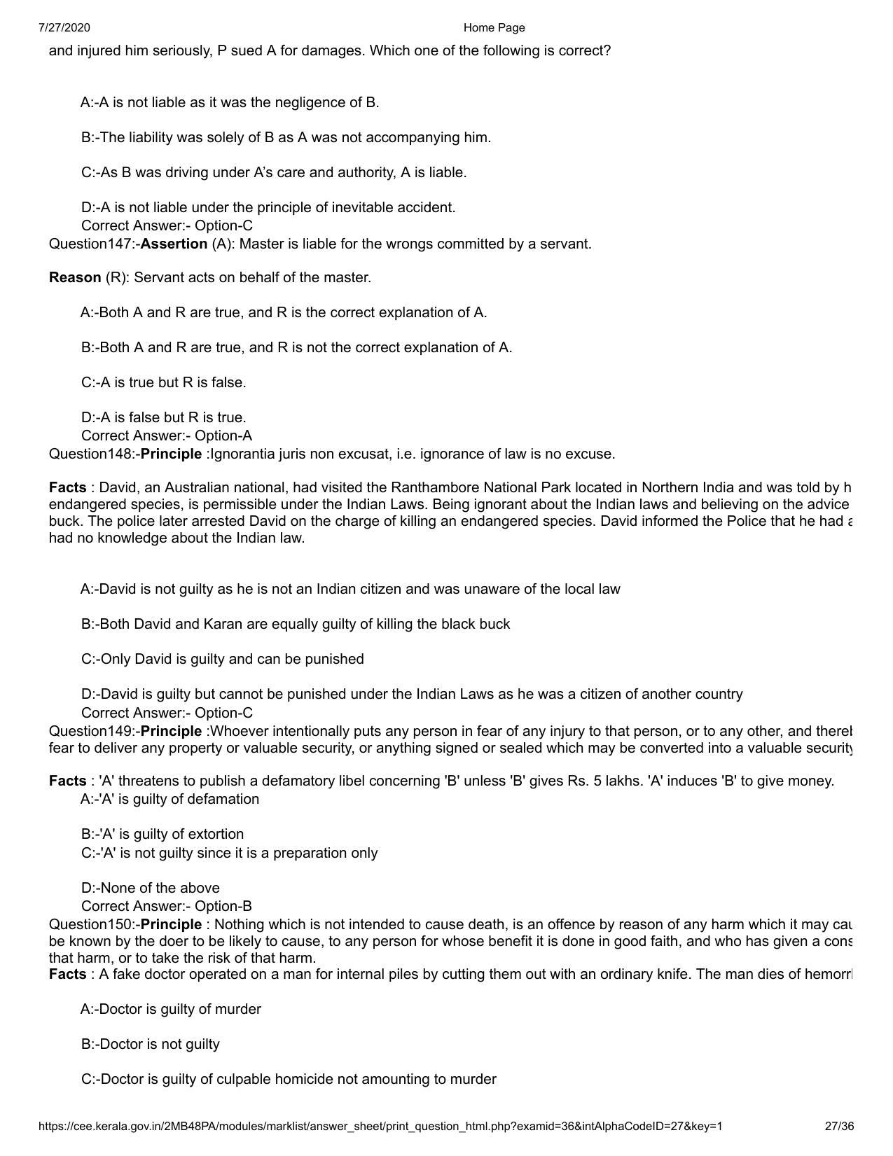 Kerala 2020 LLB 3-Year Question Paper with Answer Key - Page 27