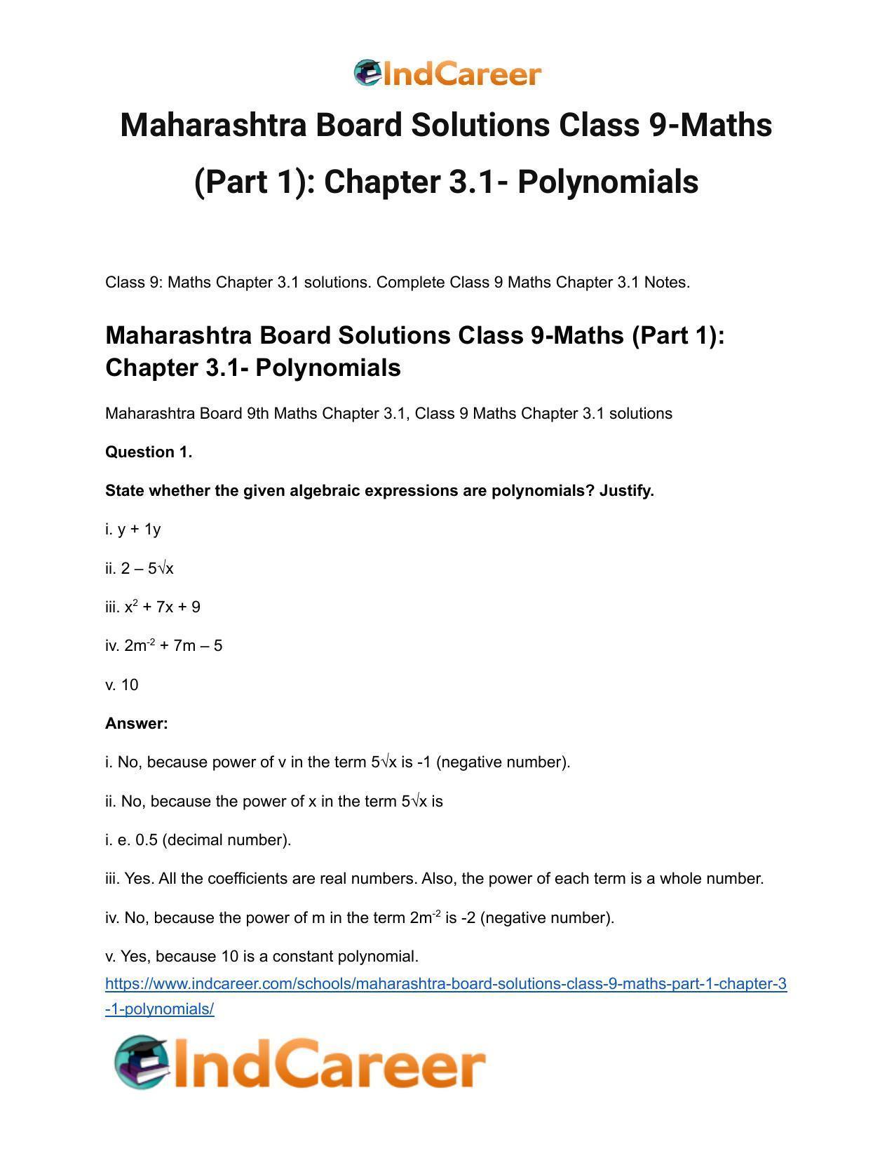 Maharashtra Board Solutions Class 9-Maths (Part 1): Chapter 3.1- Polynomials - Page 2