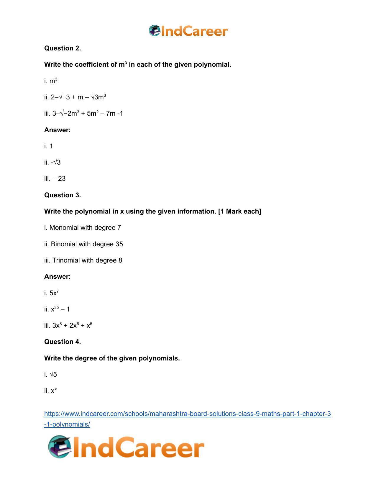 Maharashtra Board Solutions Class 9-Maths (Part 1): Chapter 3.1- Polynomials - Page 3