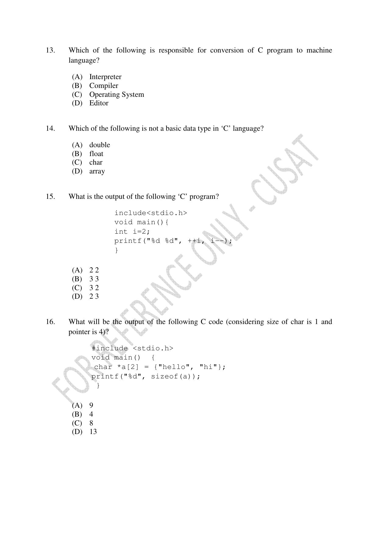 CUSAT CAT 2023 MSC Computer Science Final Question Paper - Page 4