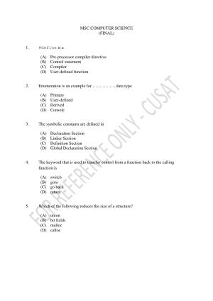 CUSAT CAT 2023 MSC Computer Science Final Question Paper