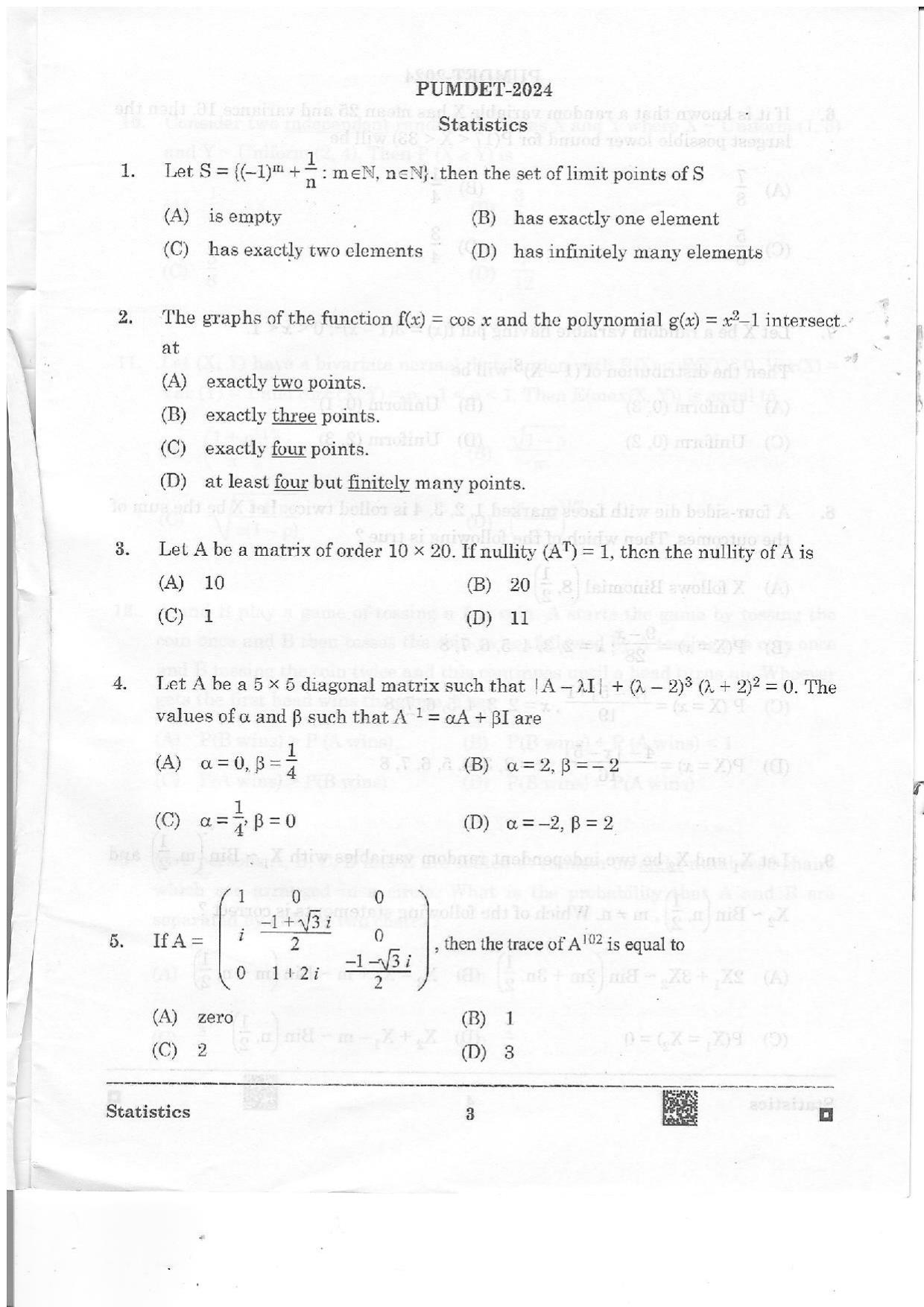 PUMDET 2024 Statistics Question Paper - Page 3