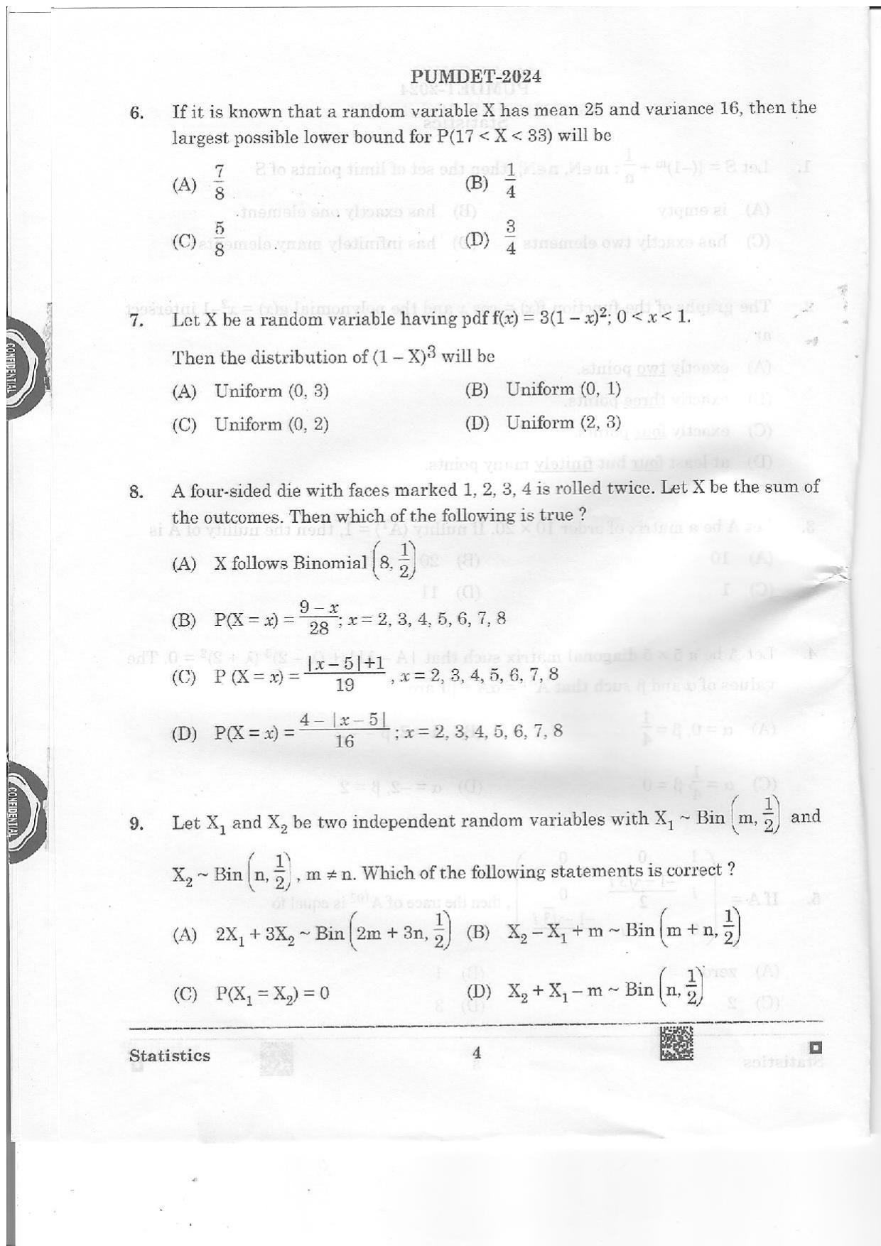 PUMDET 2024 Statistics Question Paper - Page 4