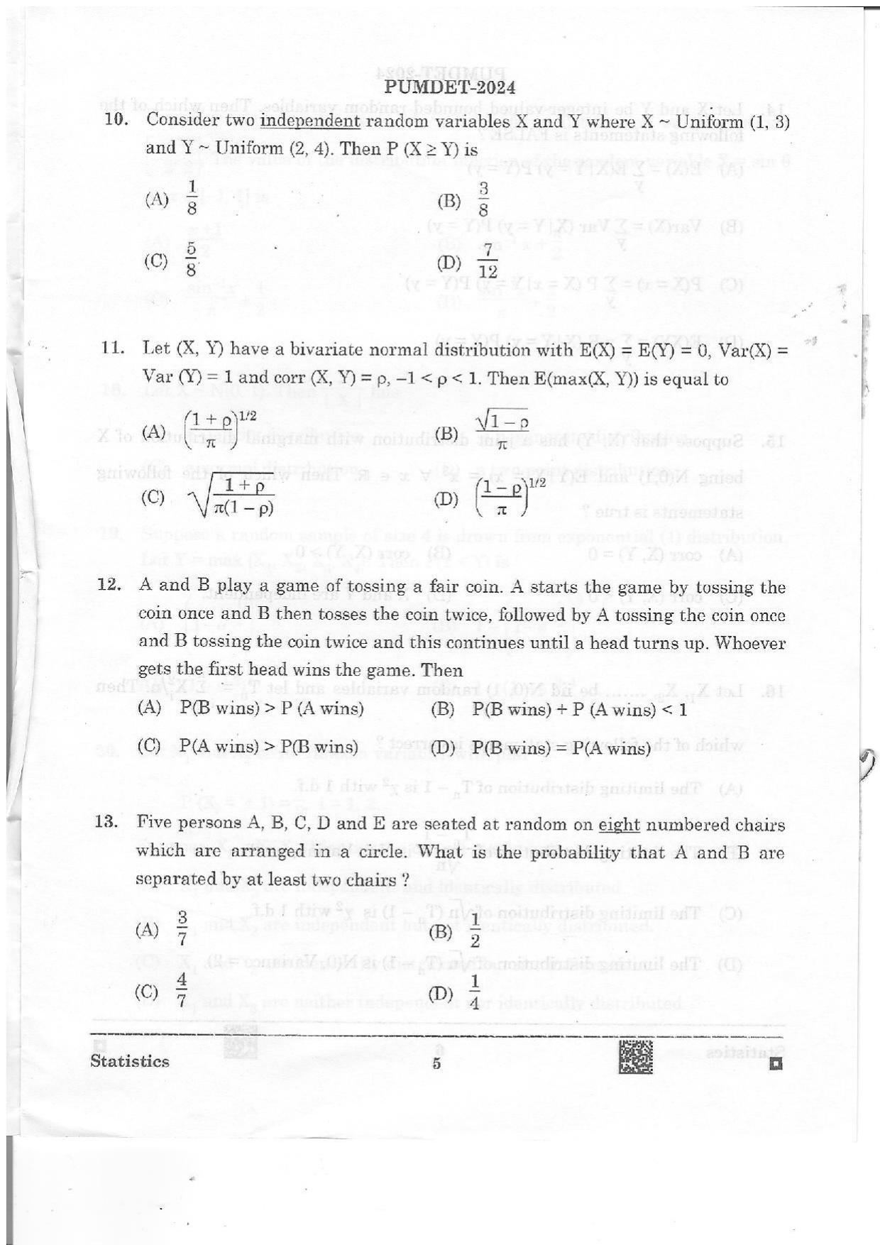 PUMDET 2024 Statistics Question Paper - Page 5