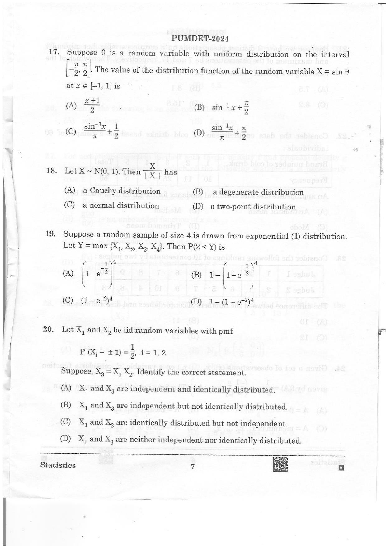 PUMDET 2024 Statistics Question Paper - Page 7