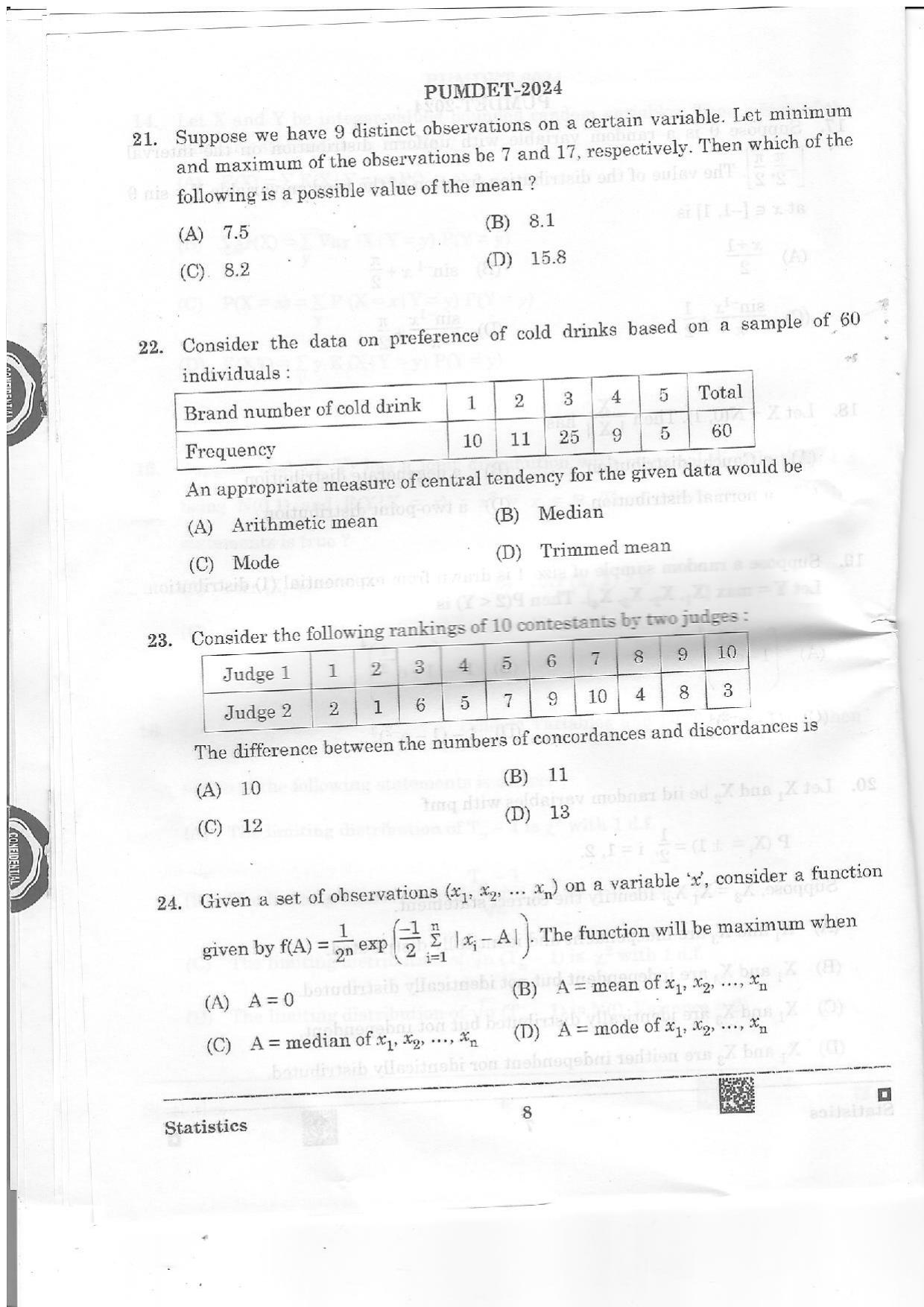 PUMDET 2024 Statistics Question Paper - Page 8