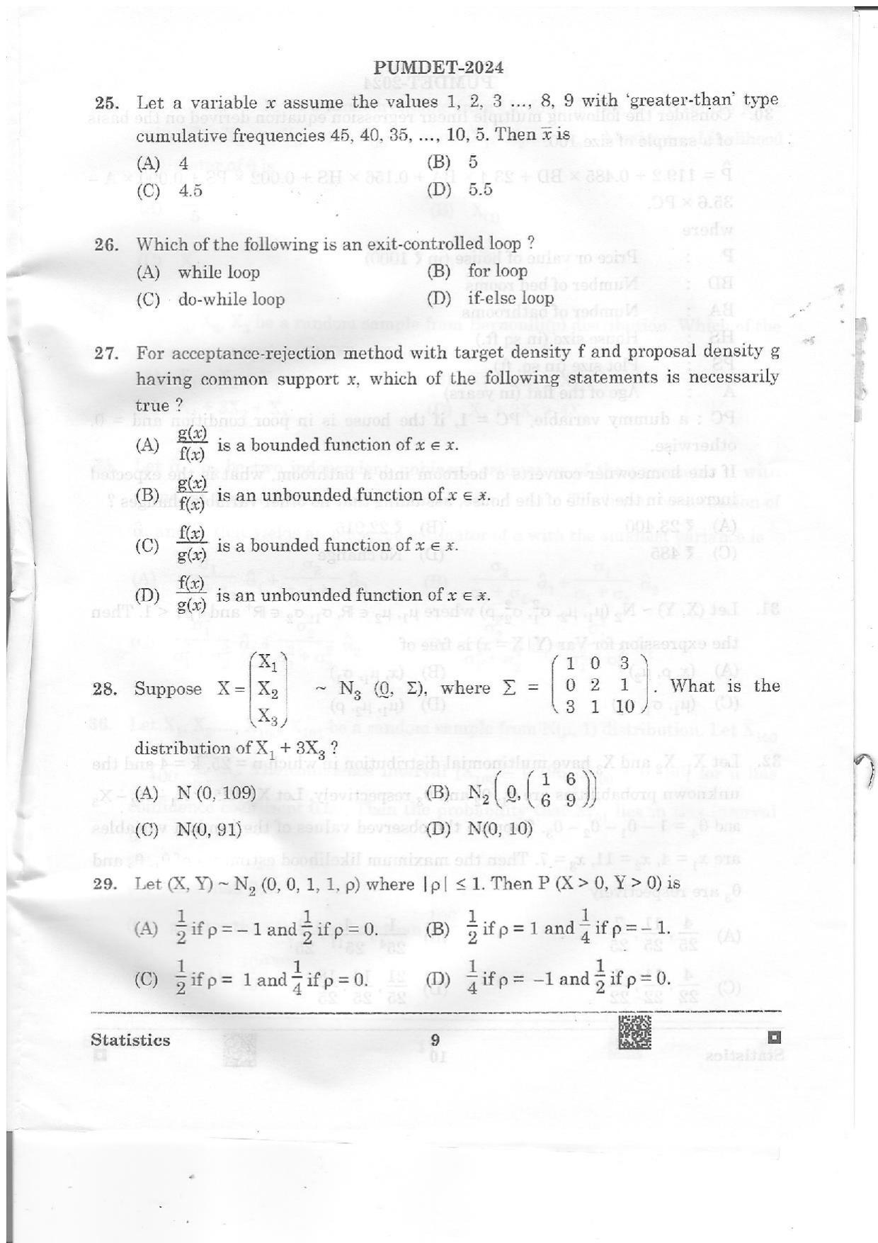 PUMDET 2024 Statistics Question Paper - Page 9