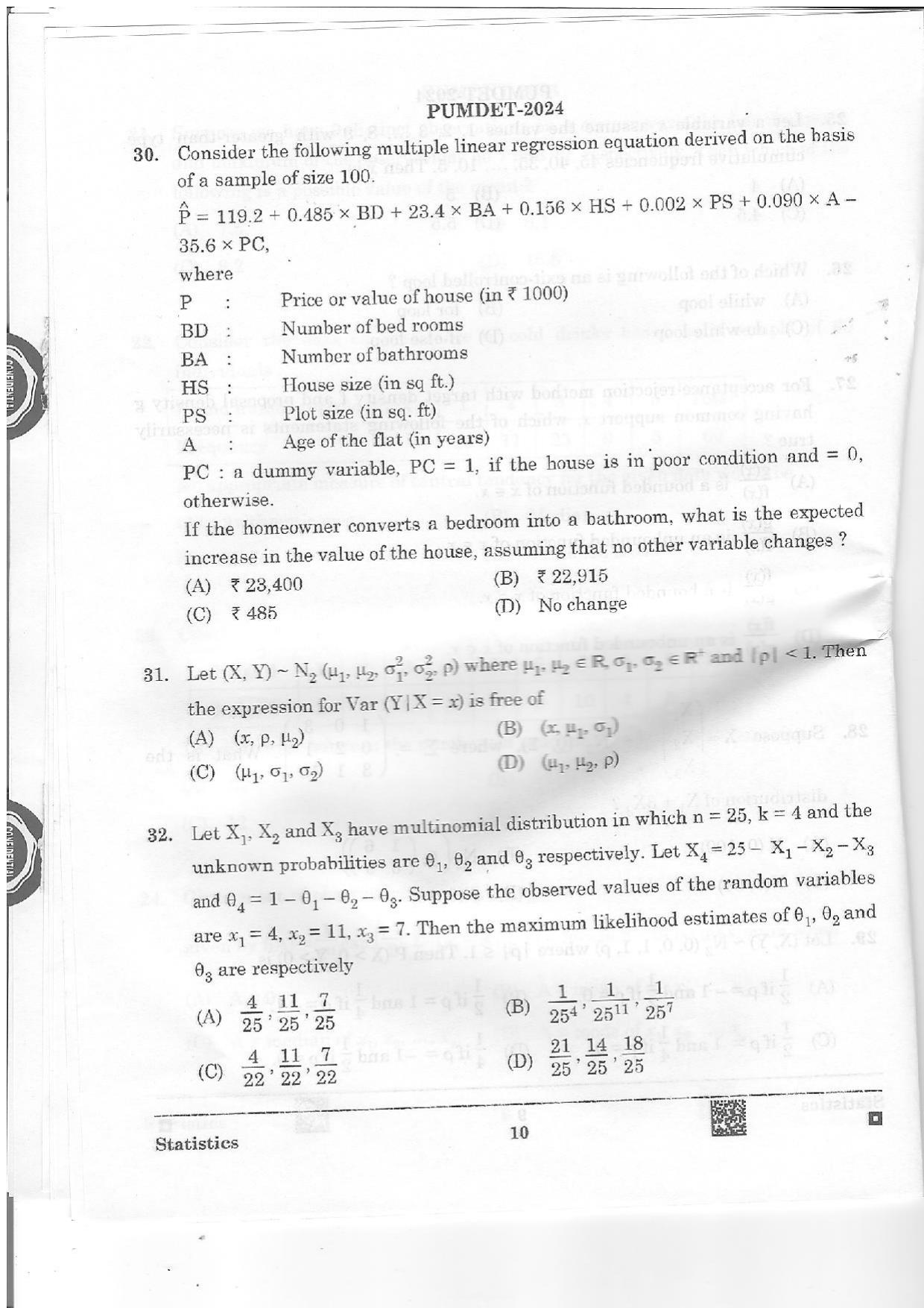 PUMDET 2024 Statistics Question Paper - Page 10