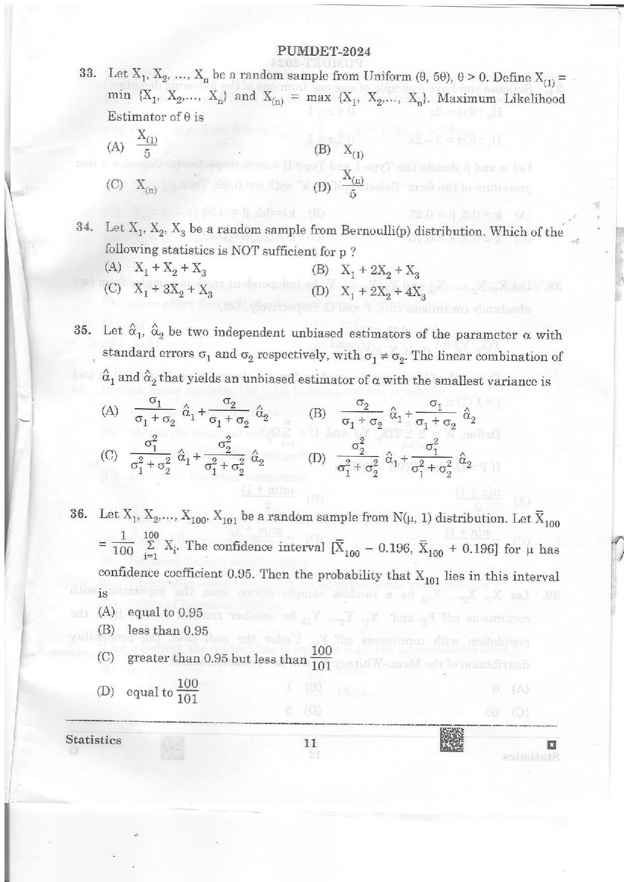 PUMDET 2024 Statistics Question Paper - Page 11