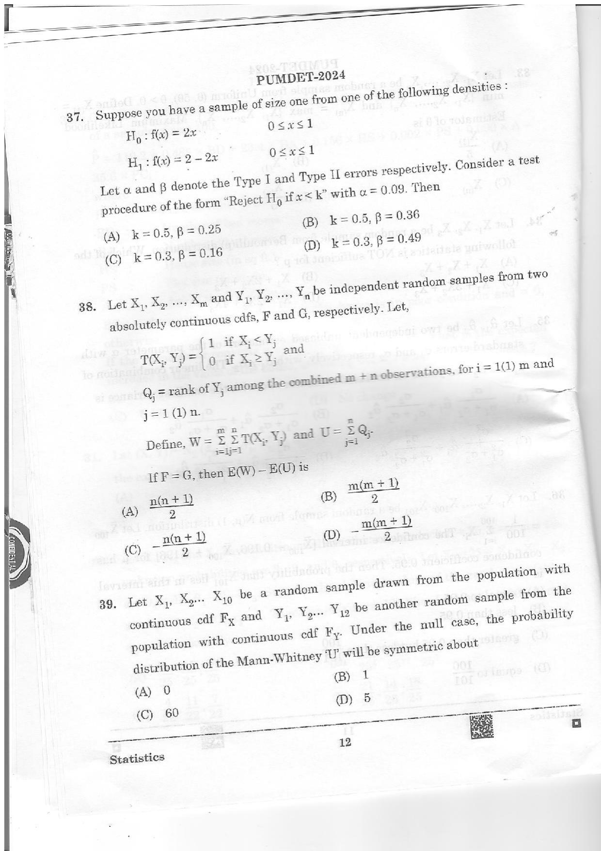 PUMDET 2024 Statistics Question Paper - Page 12