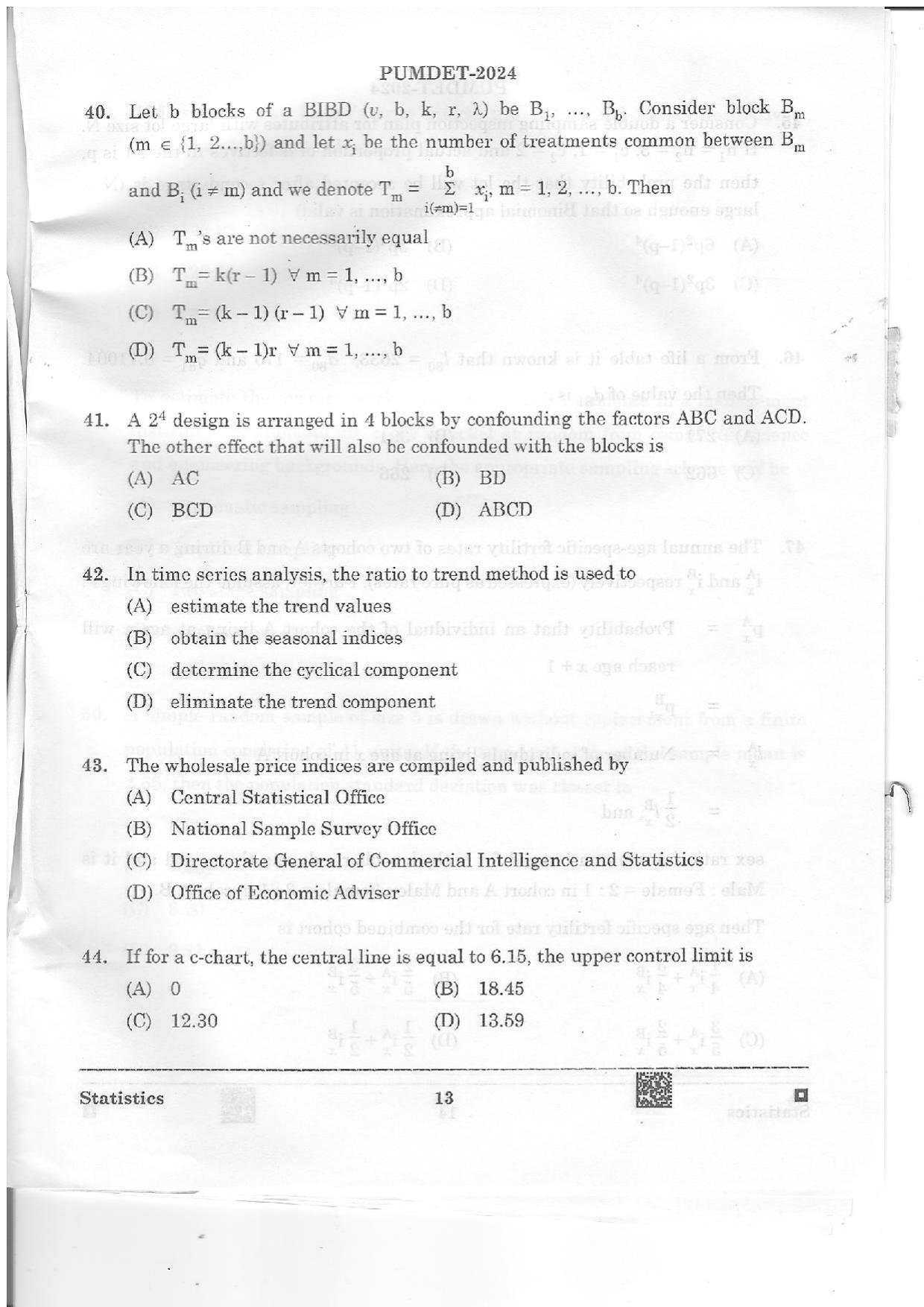 PUMDET 2024 Statistics Question Paper - Page 13